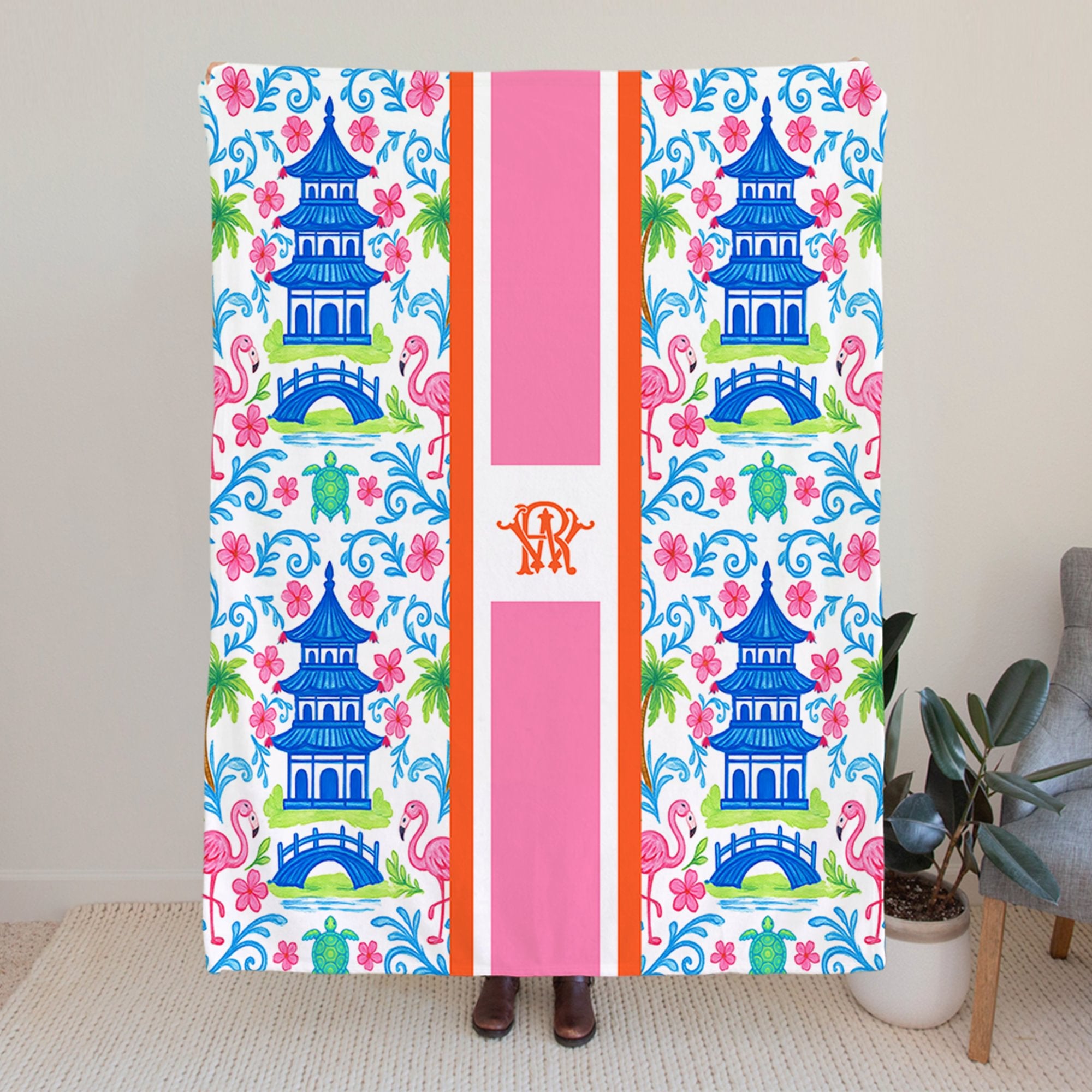 Chinoiserie floral personalizado suave manta con monograma decoración del hogar regalo de cumpleaños para las mujeres