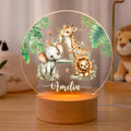 Personalizado lindo bosque de dibujos animados de animales LED luz de la noche con el nombre inicial y base de madera Guardería decoración del hogar regalo de cumpleaños para los niños