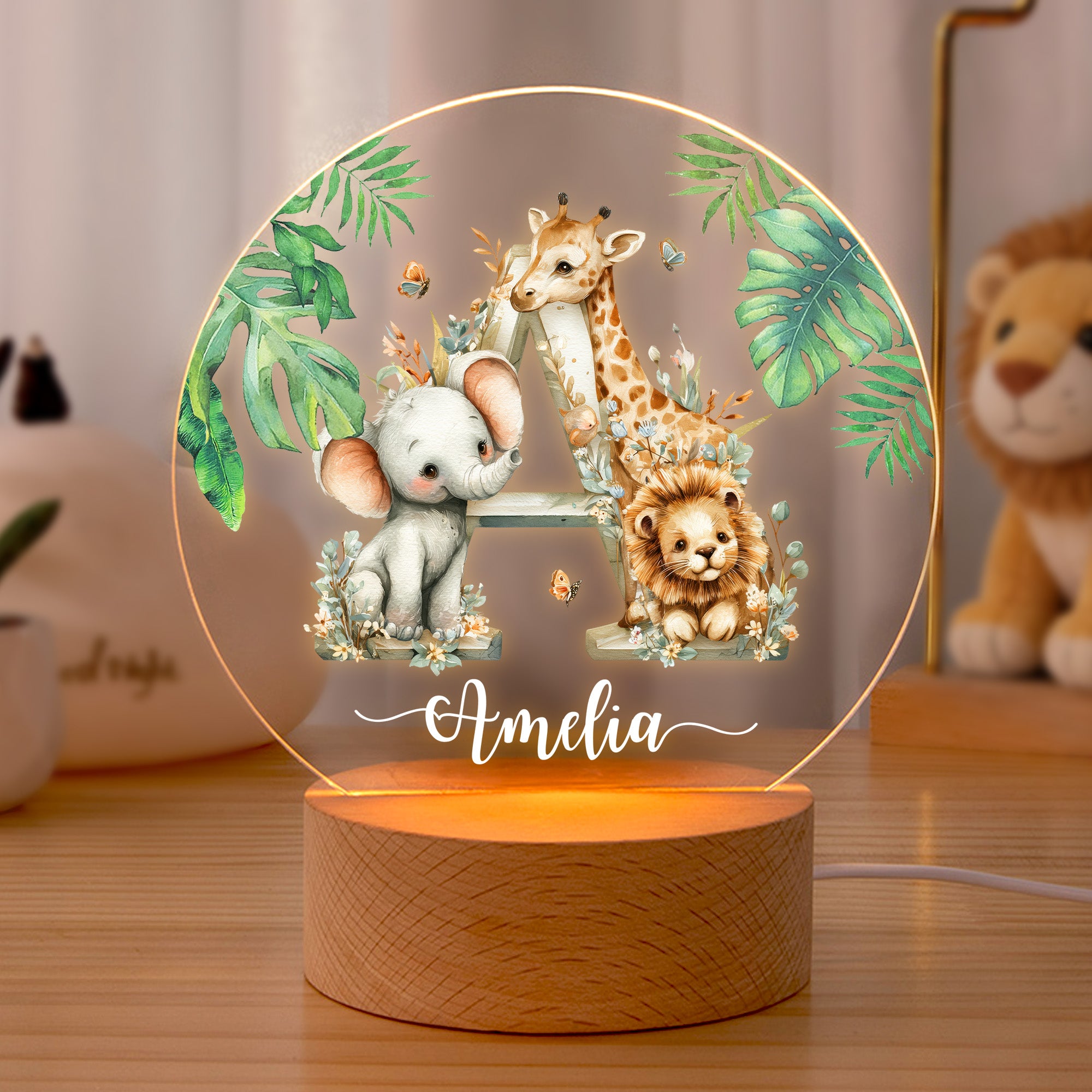 Personalizado lindo bosque de dibujos animados de animales LED luz de la noche con el nombre inicial y base de madera Guardería decoración del hogar regalo de cumpleaños para los niños