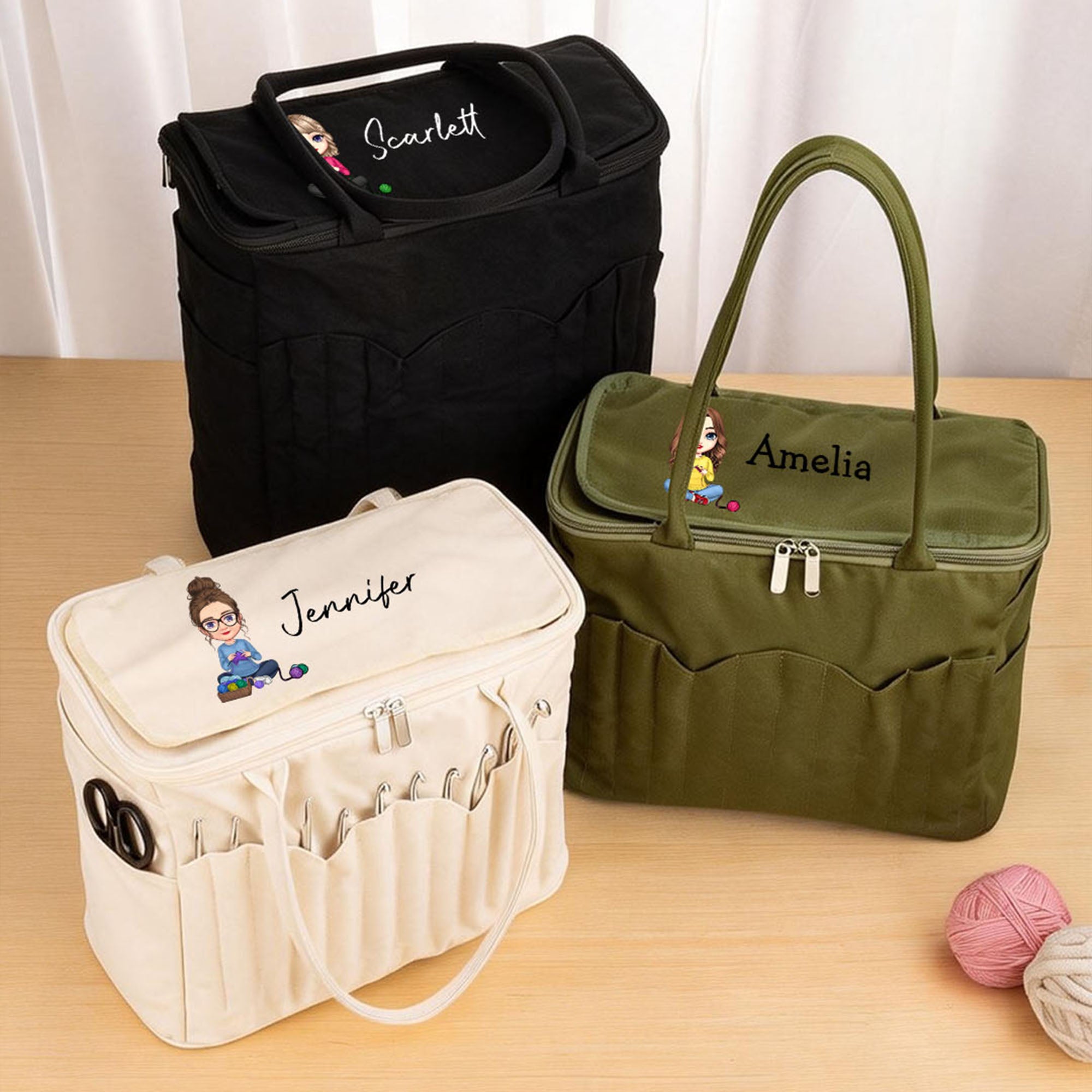 Bolsa grande de lona personalizada para guardar hilos con bolsillos para agujas y asa para regalo de cumpleaños de ganchillo para amantes de las manualidades