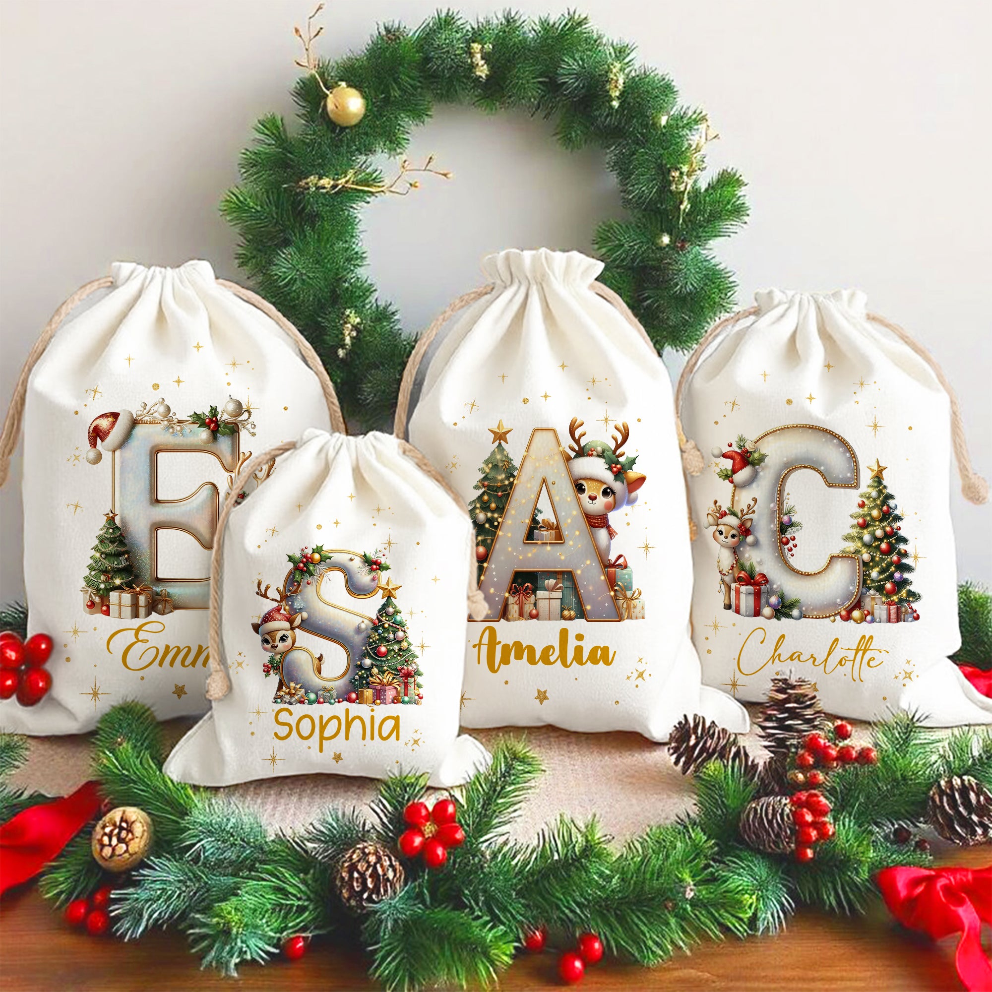 Personalizada de dibujos animados Alce Árbol de Navidad Inicial de lona bolsa de regalo de cordón con el nombre de regalo de Navidad para los amigos de la familia
