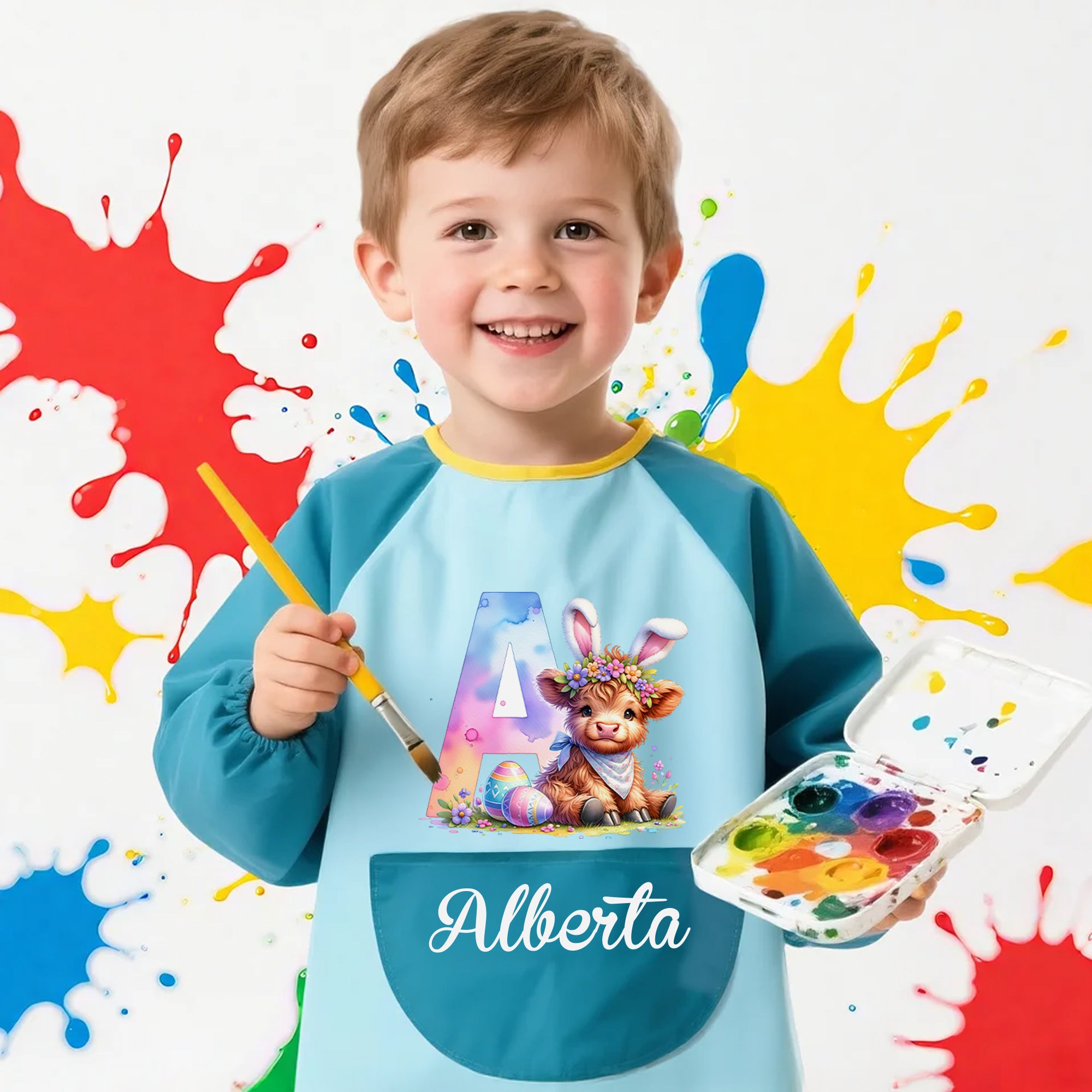 Conejito personalizado Orejas Highland Vaca Niño Pintura Delantal de cocina con nombre y bolsillo delantero Actividades al aire libre Pascua Regalo para niños