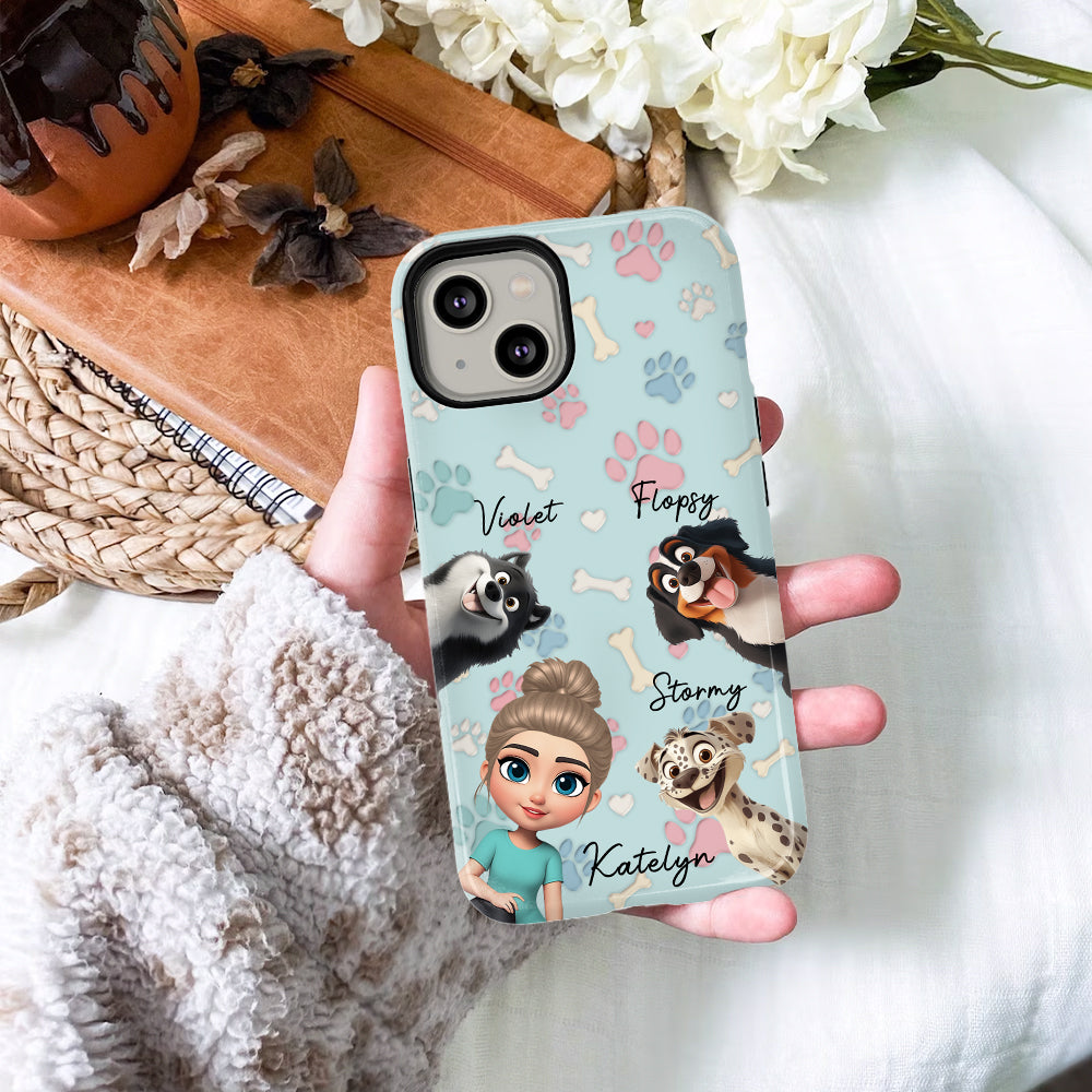 Personalizado lindo 3D de dibujos animados Chica y 1-4 Perros Funda de teléfono para iPhone o Samsung con nombres Cumpleaños Aniversario Regalo para Pet Lover Perro Mamá