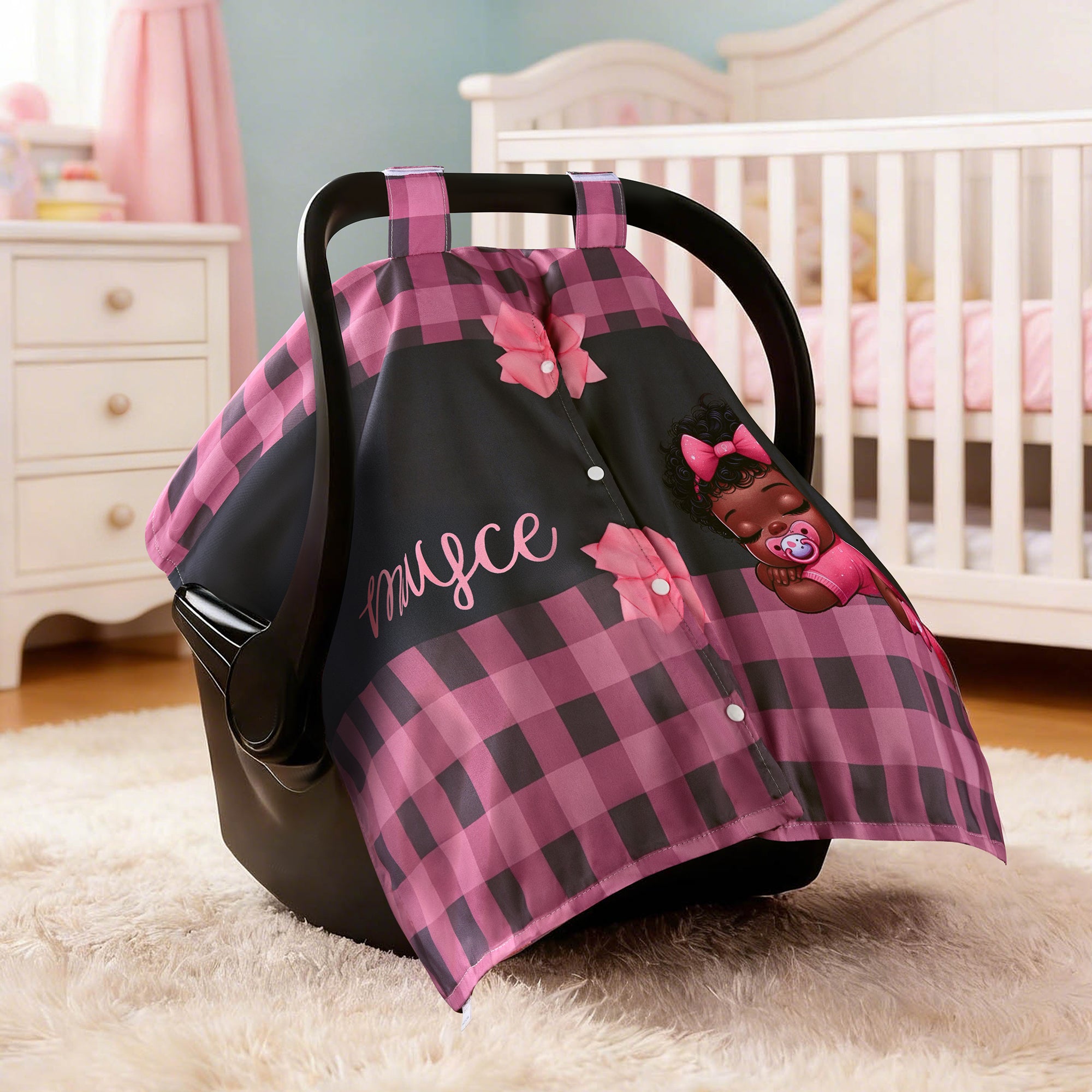 Personalizado Lindo Negro Baby Bow Checkered Baby Seat Canopy con el nombre de privacidad-protector al aire libre accesorio de regalo de cumpleaños para los recién nacidos bebés