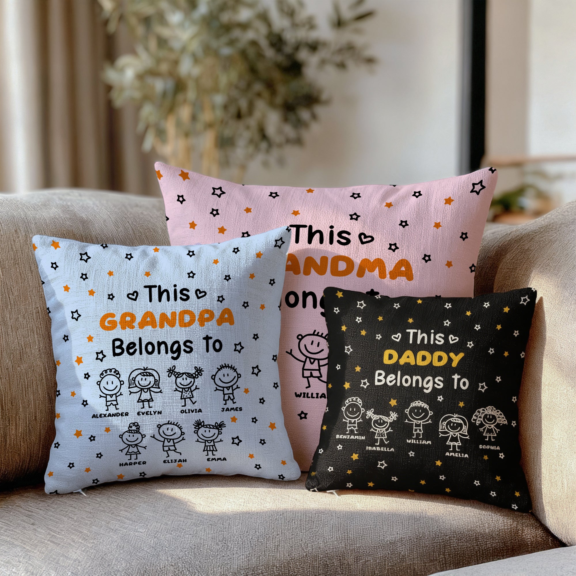 Personalizado Line-Art Personajes de Niños Multicolor Suave Funda de Almohada con Título y 1-10 Nombres Decoración del Hogar Regalo de Cumpleaños para la Familia