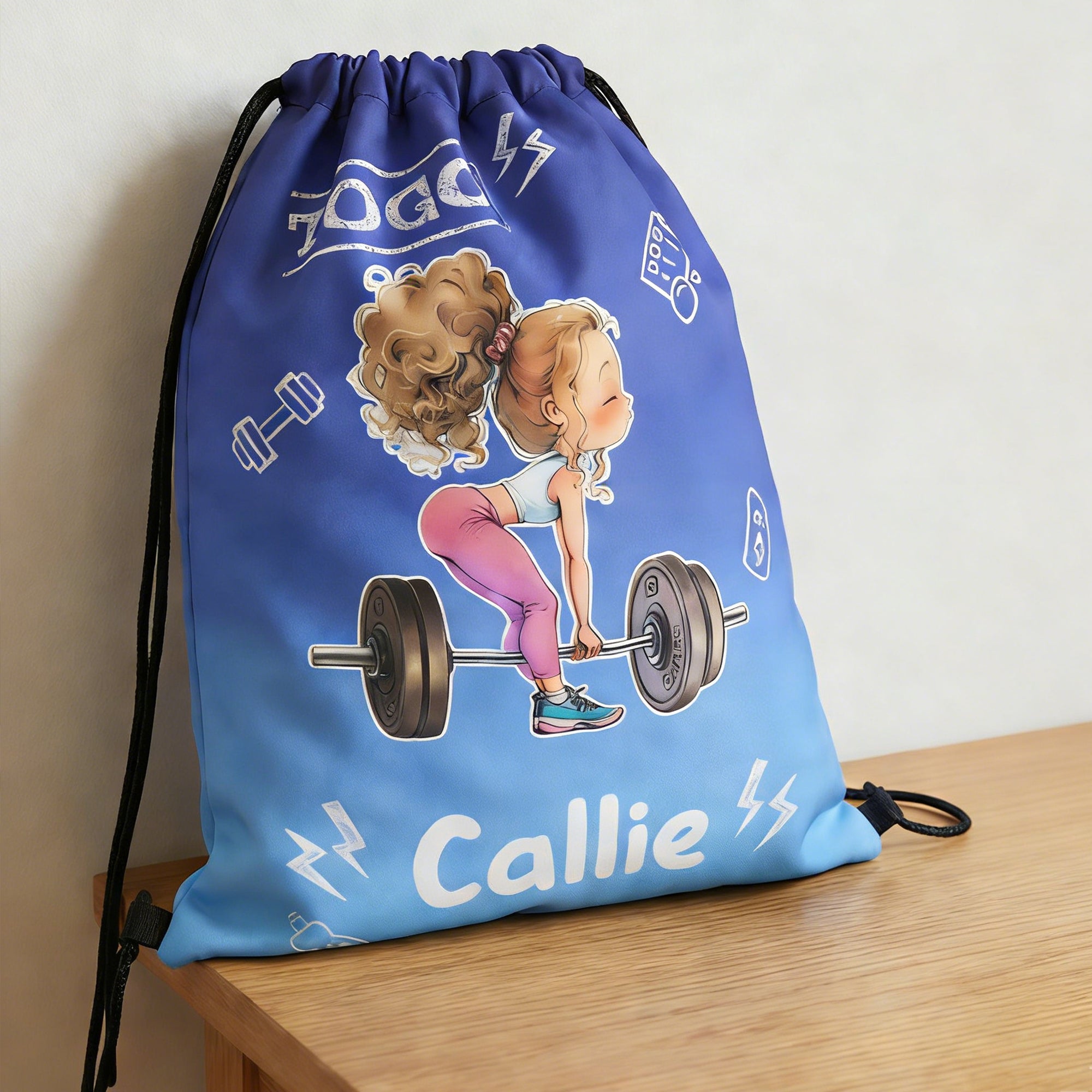 Bolsa de cordón con nombre personalizada de dibujos animados de chica de fitness Gradiente Uso diario Evento deportivo Regalo para chicas de gimnasio