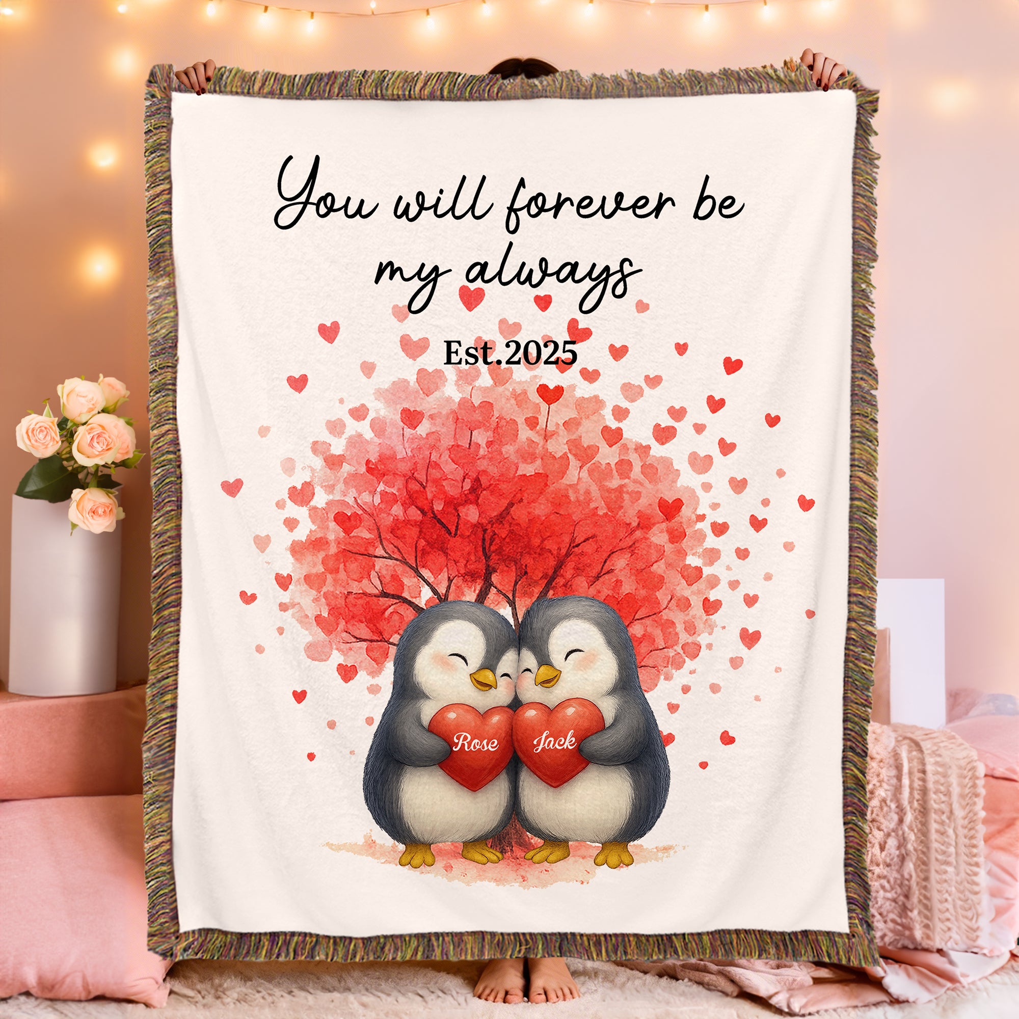Personalizada Love Heart Tree Cute Penguin Couple Tassel Soft Throw Blanket with Name and Date Home Decor Wedding Anniversary Gift for Couple
