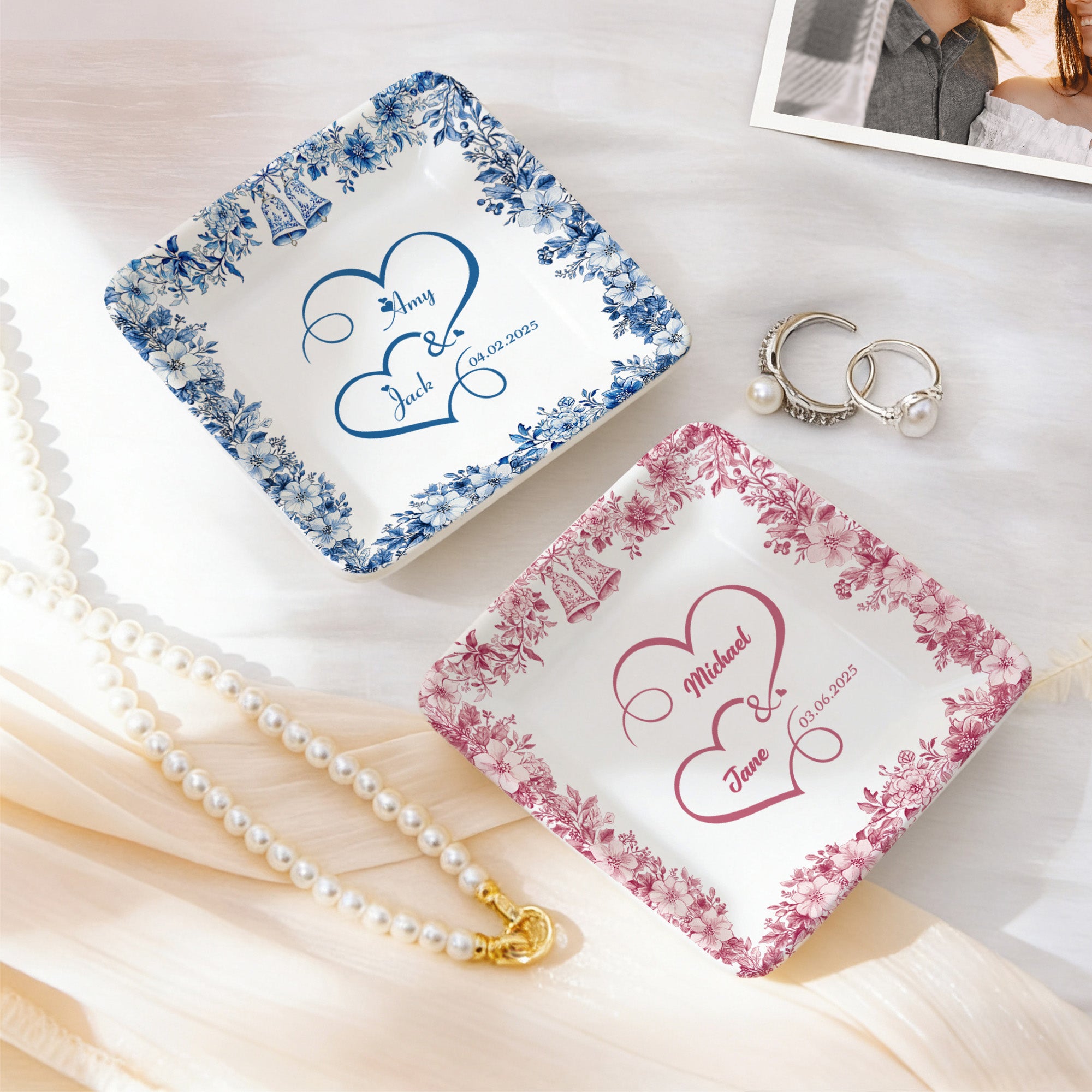 Personalizado Toile De Jouy Corazón Flor Baratija de cerámica Joyero Plato con nombre y fecha Uso diario Cumpleaños Regalo para Novia Esposa