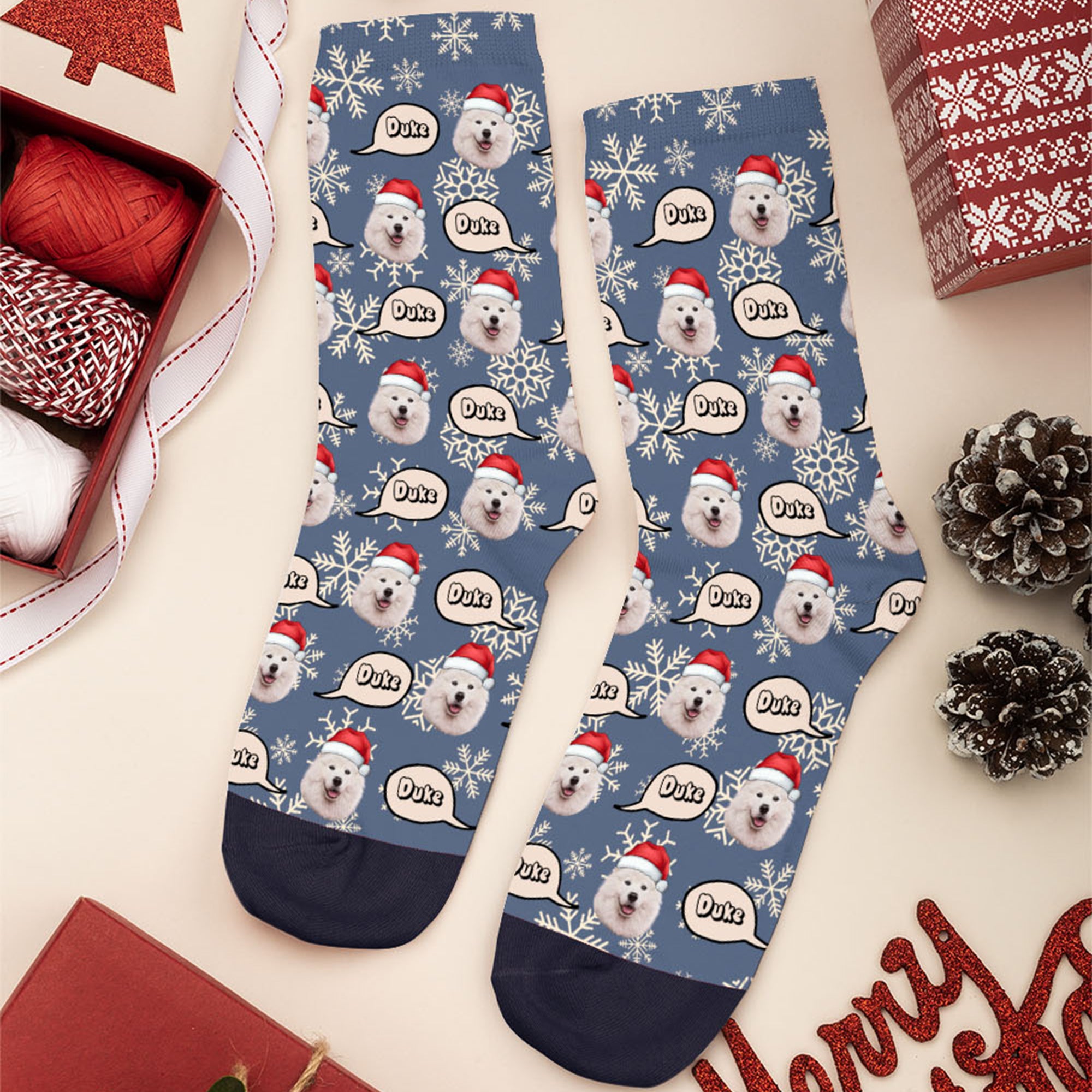 Calcetines hasta la pantorrilla personalizados cómodos con fotos de 1 a 3 caras de mascotas y nombre regalo de Navidad para dueños de mascotas