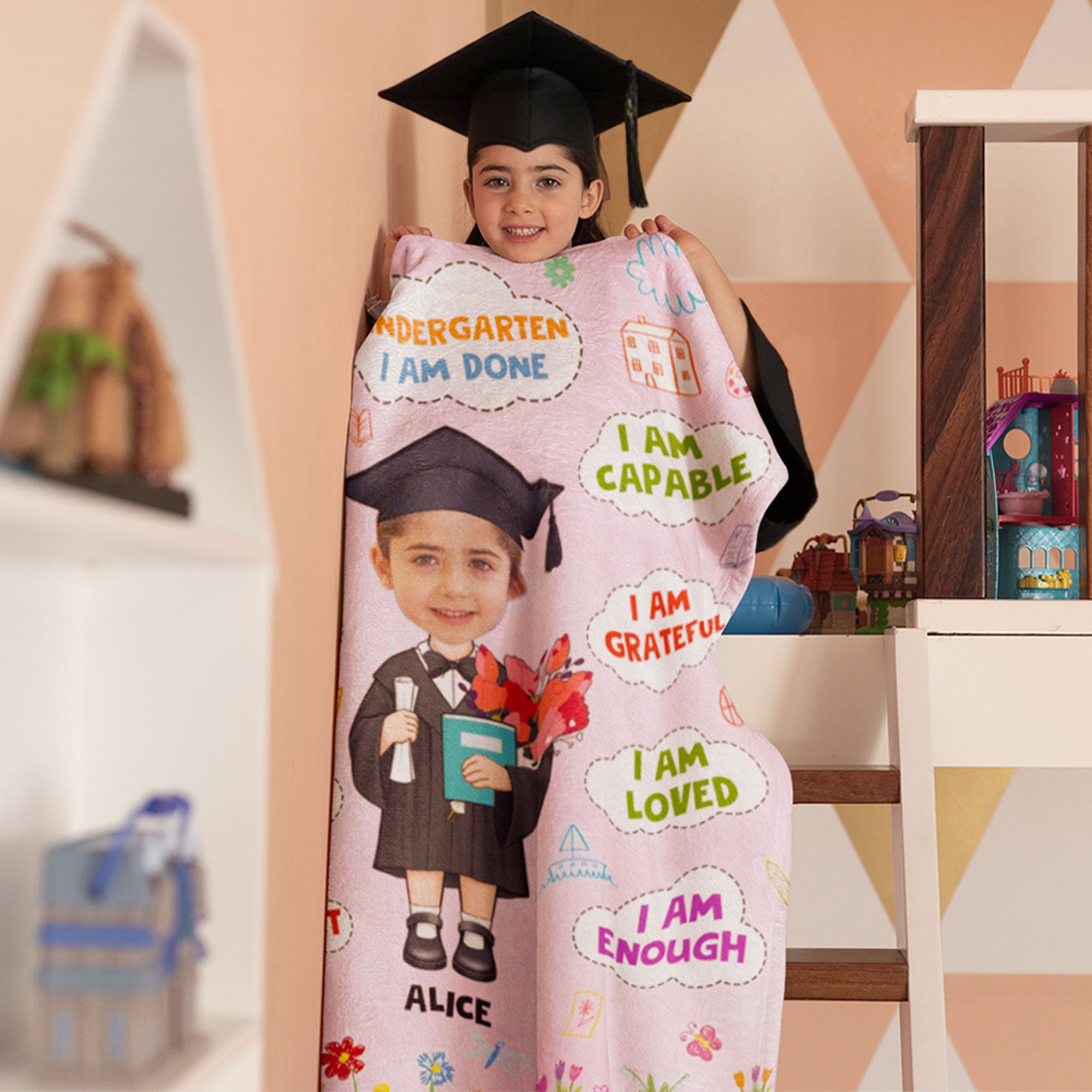 Manta de Graduación Personalizada con Nombre y Foto, Dibujos Animados de Graduados, Regalo de Graduación para Niños Pequeños