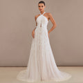 Bridal Wedding Dress Ivory-Nude Sleeveless Long Halter A-line