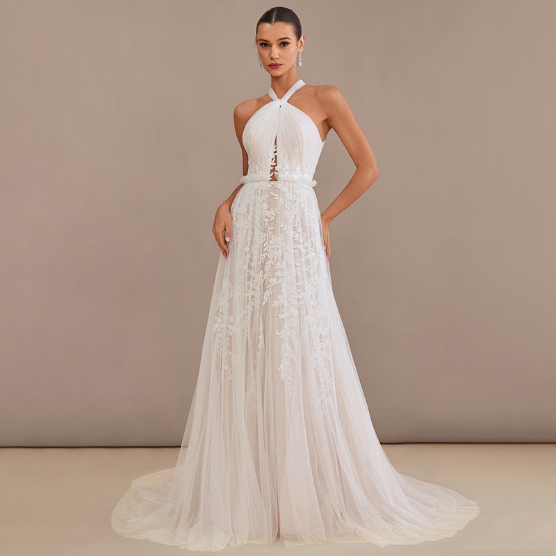 Bridal Wedding Dress Ivory-Nude Sleeveless Long Halter A-line