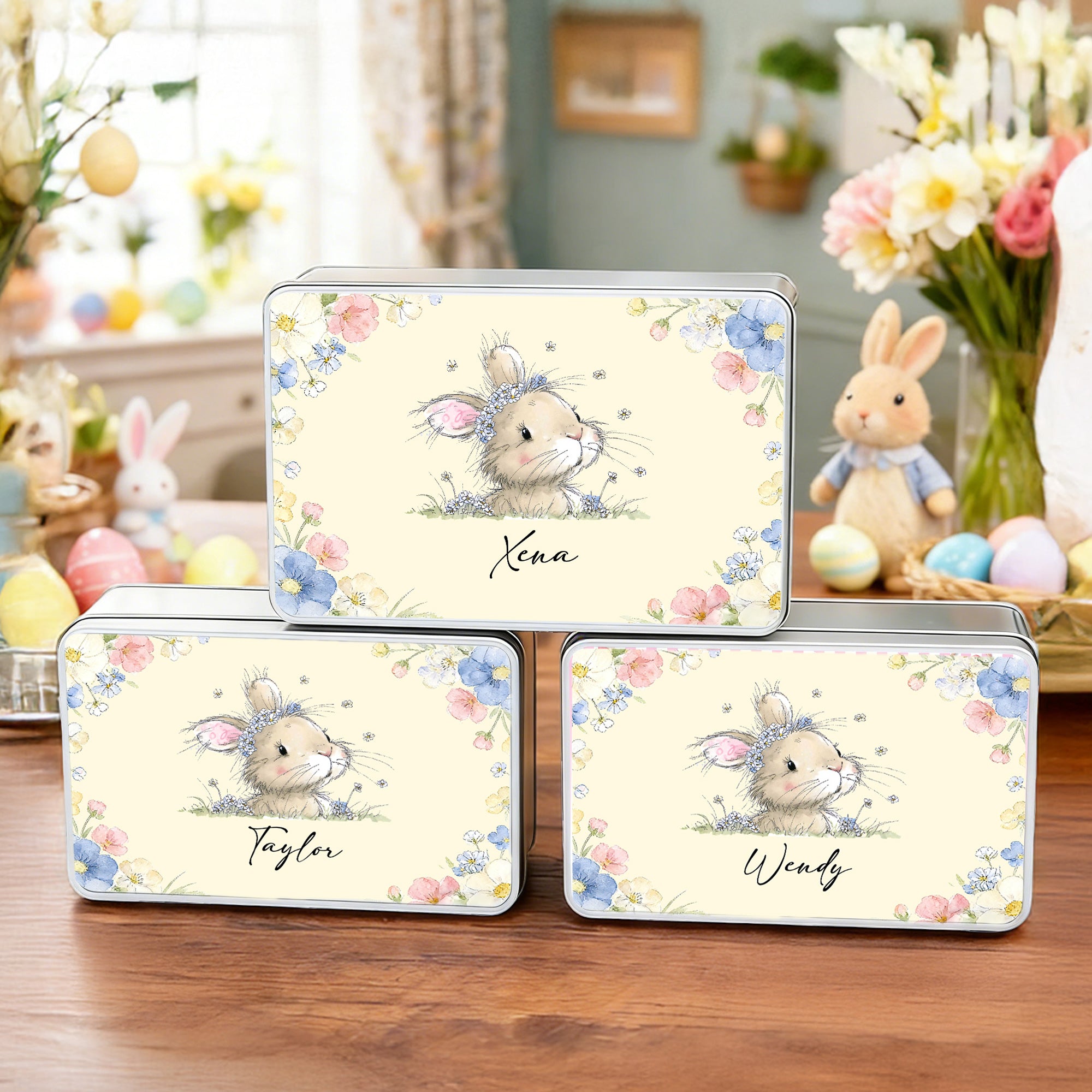 Caja de lata personalizada con forma de conejito y corona de flores con nombre Accesorios para fiestas de Pascua Regalo para niños Niñas