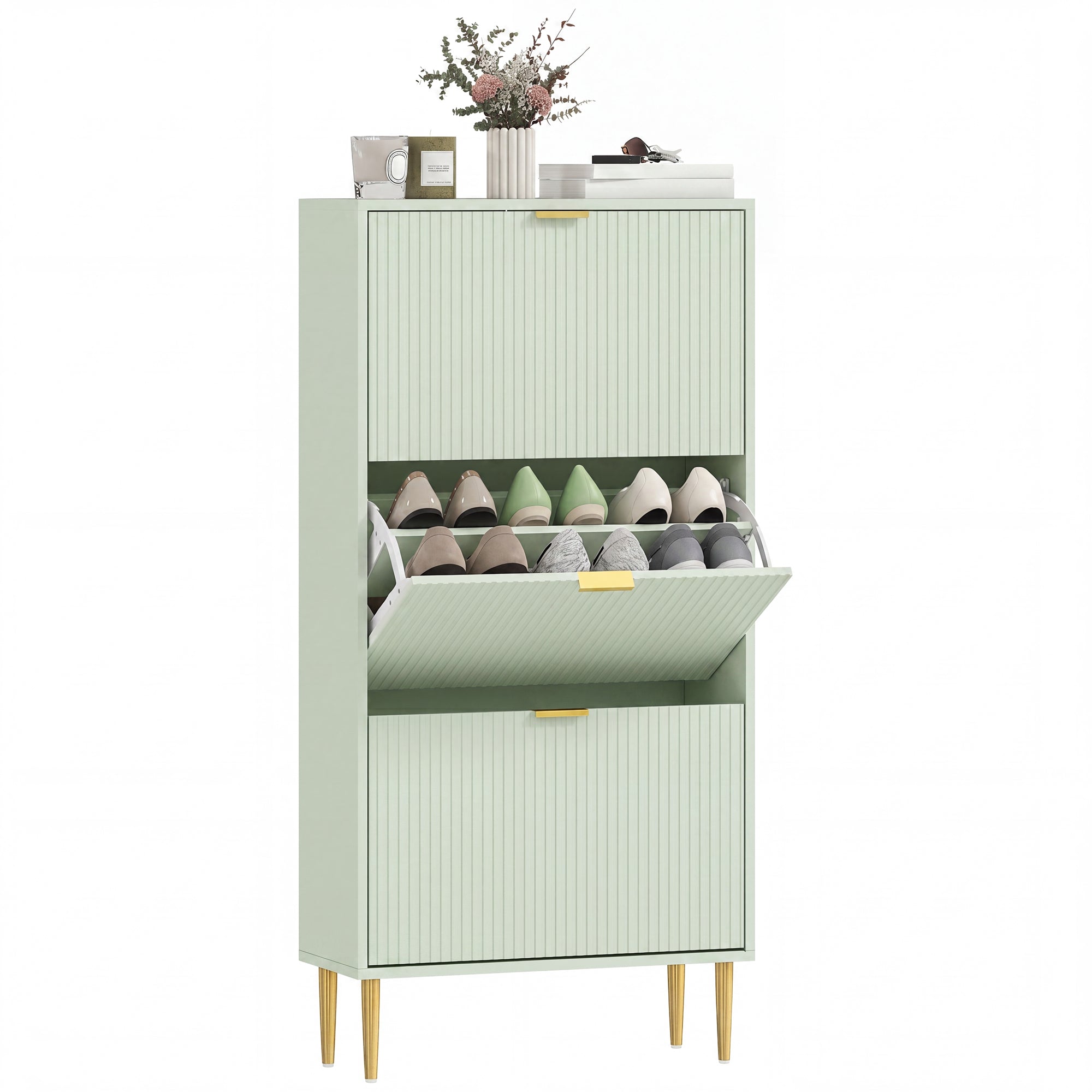 Slim Narrow Shoe Cabinet with 3 Flip Drawers, Adjustable Shelves, Light Green