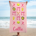 Toalla de playa personalizada con nombre Softball Baseball Coquette Bow Quick Dry Oversized Beach Towel Summer Vacation Accessories Birthday Gift for Sports Lover