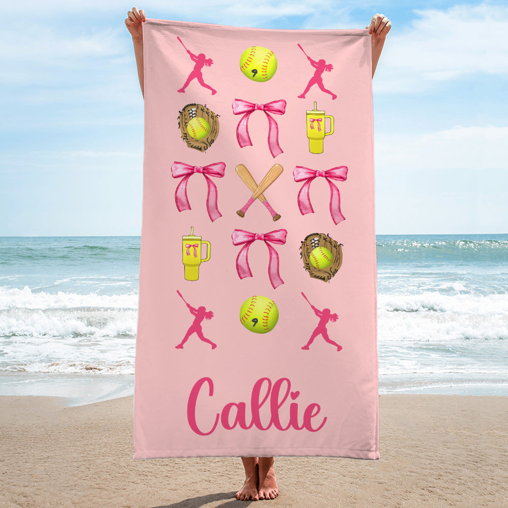 Toalla de playa personalizada con nombre Softball Baseball Coquette Bow Quick Dry Oversized Beach Towel Summer Vacation Accessories Birthday Gift for Sports Lover