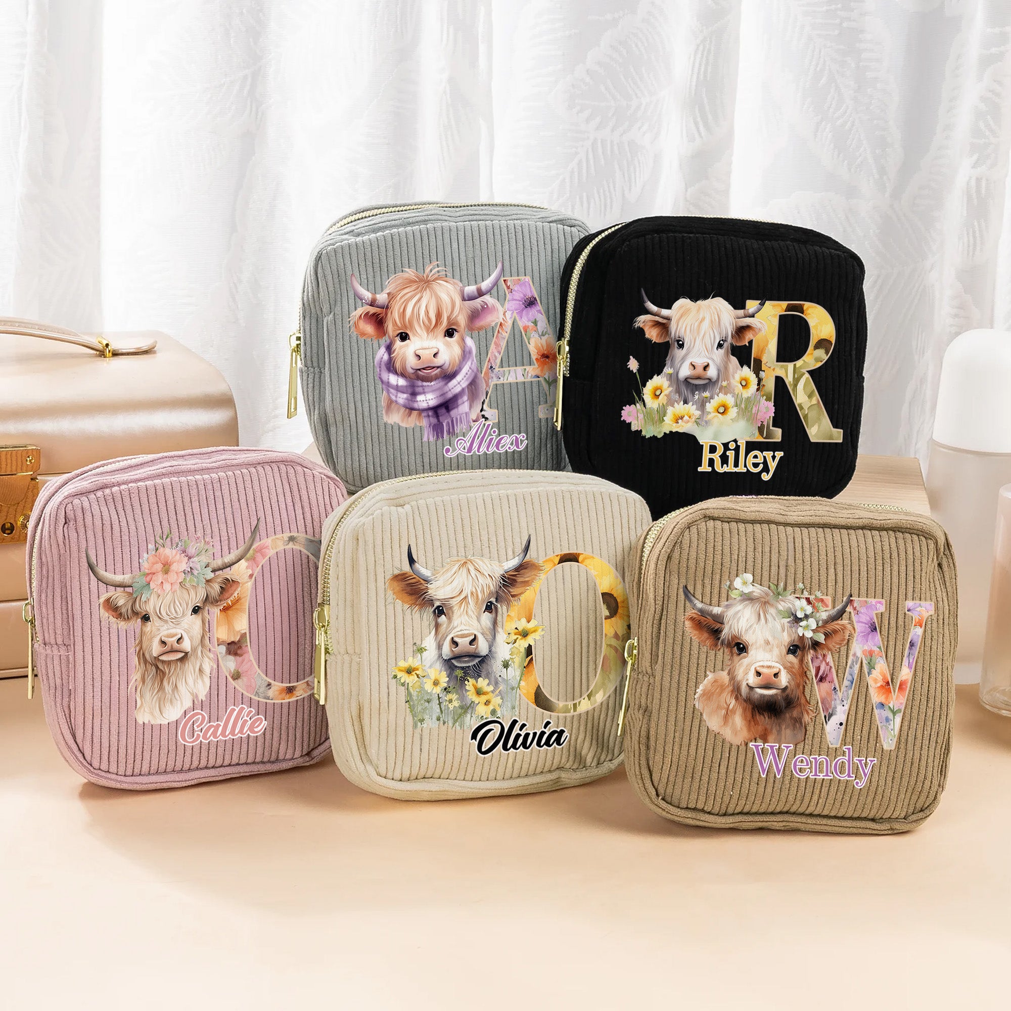 Personalizada Floral Inicial Highland Vaca Cuadrado Bolsa de Pana Maquillaje con Nombre y Cremallera Viaje Cumpleaños Regalo para Mujeres Amigas