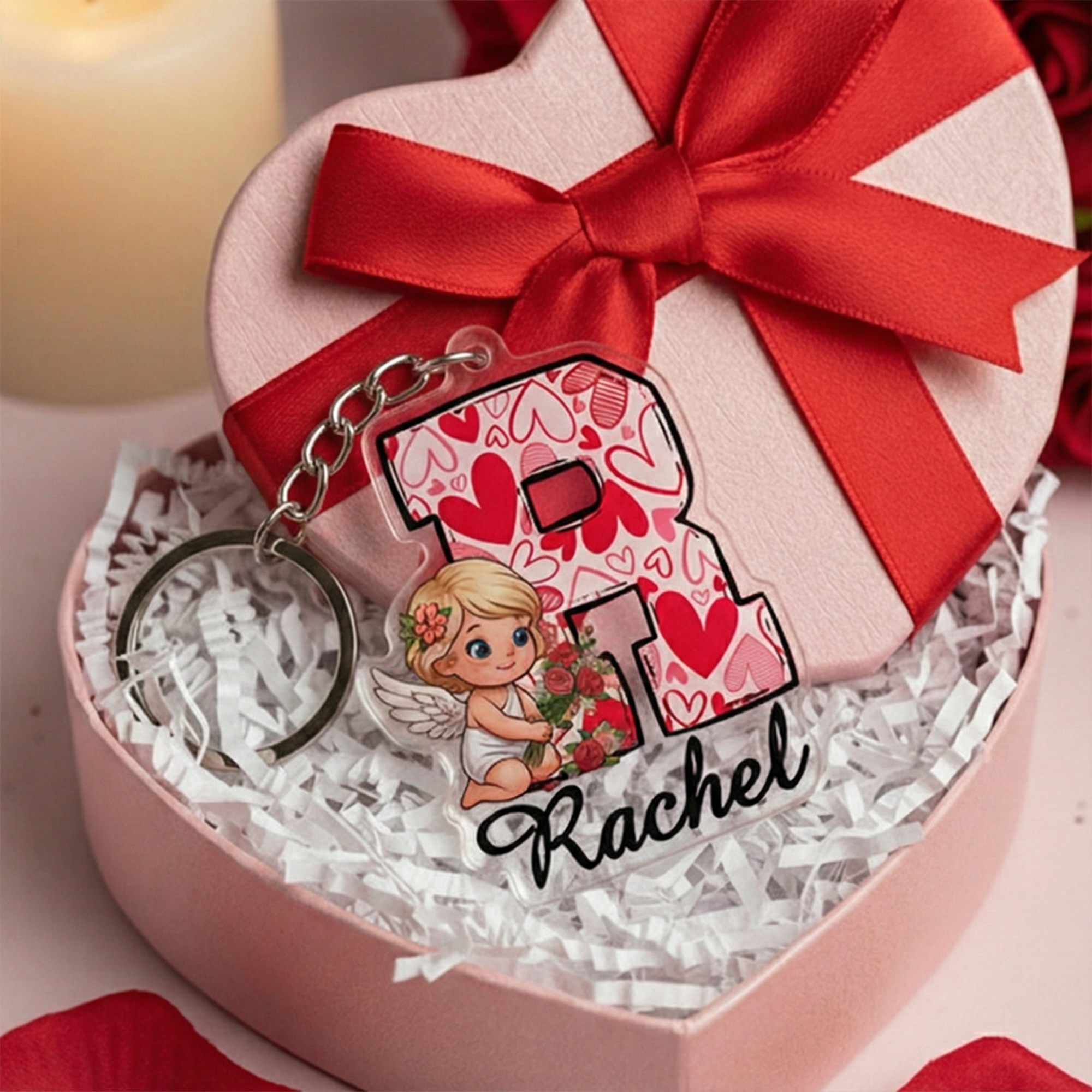 Llavero Acrílico Personalizado Angel Cupido Corazon Rayas con Nombre Uso Diario San Valentin Aniversario Regalo para Pareja Novio Novia