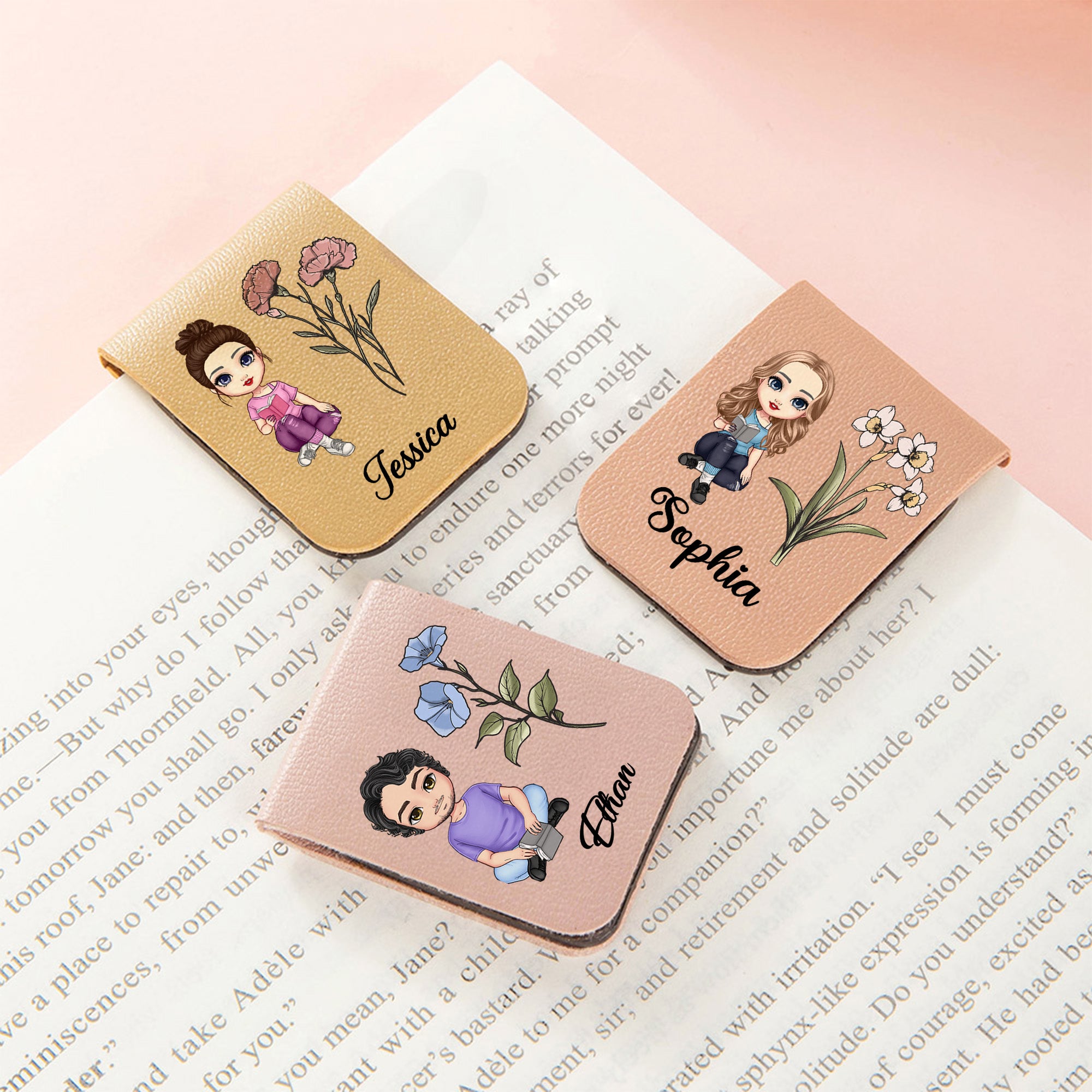 Personalizado Multicolor Cartoon Personaje Nacimiento Flor Magnético PU Cuero Marcapáginas Clip con Nombre Regalo de cumpleaños para los amantes de los libros Bibliotecarios