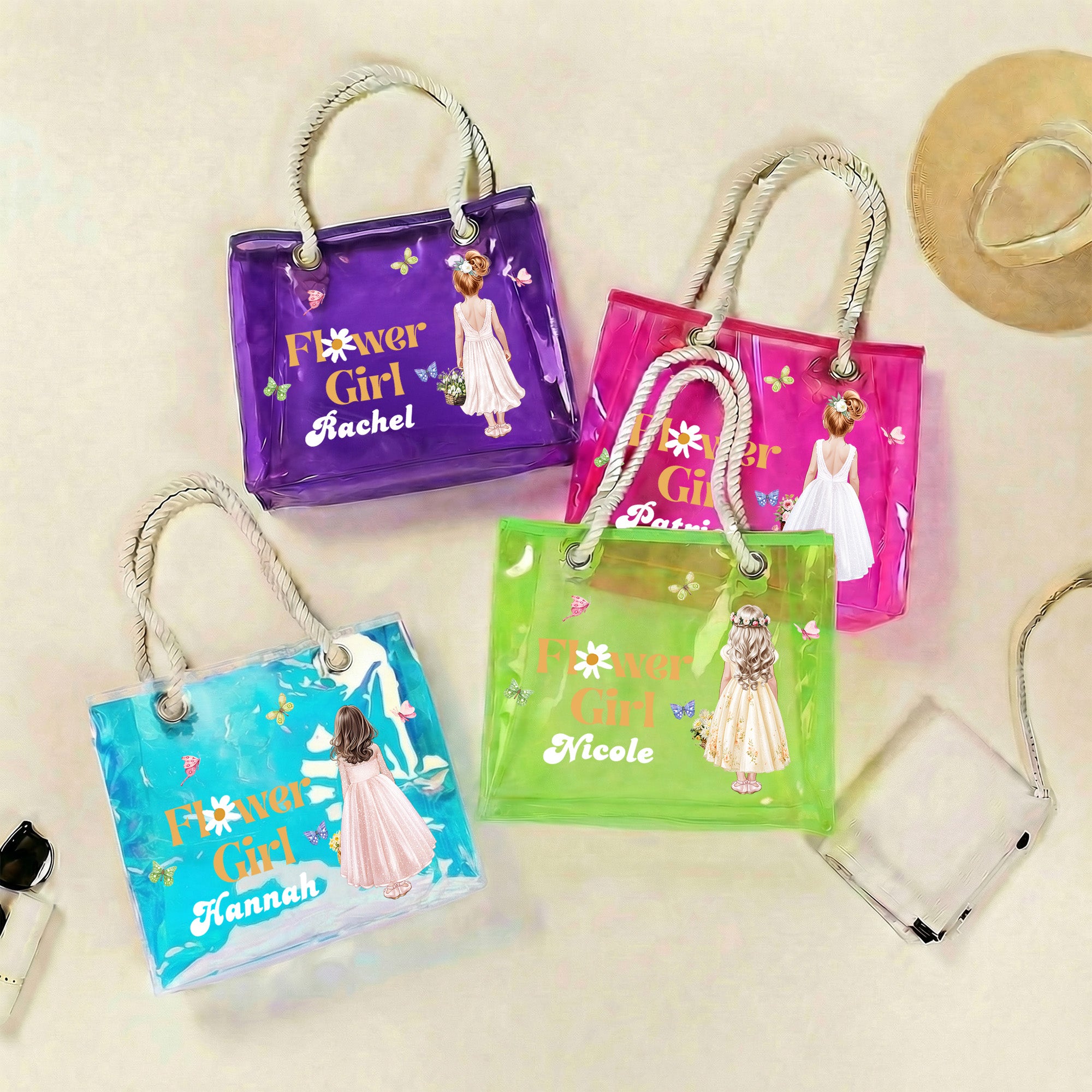 Personalizada de flores de dibujos animados niñas multicolor impermeable transparente bolsa de asas con el nombre de nacimiento de flores cesta de la boda de la ducha nupcial de regalo para las niñas