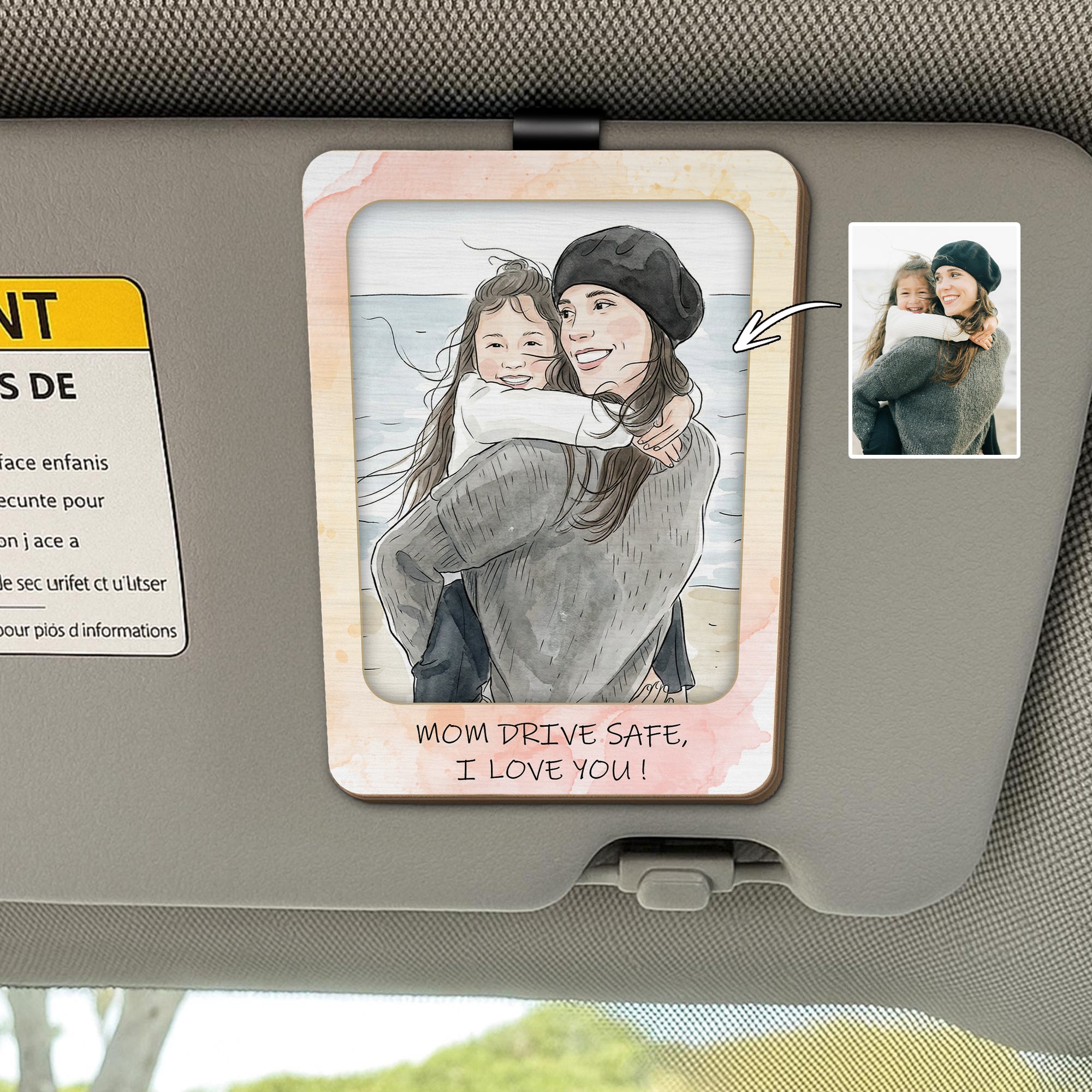Personalizada acuarela foto de madera Visera del coche clip con el texto Accesorios de coche Cumpleaños Aniversario Regalo para Pareja Familia Amigo