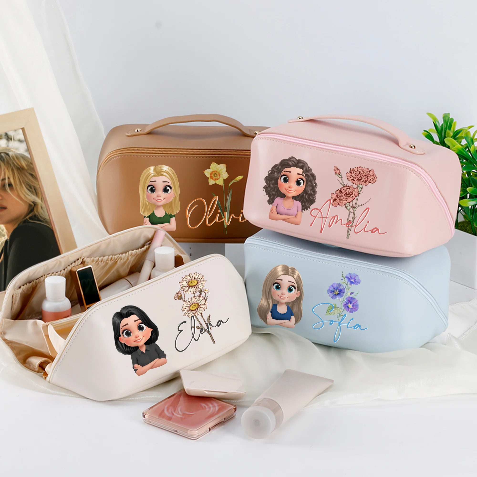 Neceser de maquillaje personalizado con nombre personaje de dibujos animados y flor de nacimiento regalo de cumpleaños y aniversario para mujeres