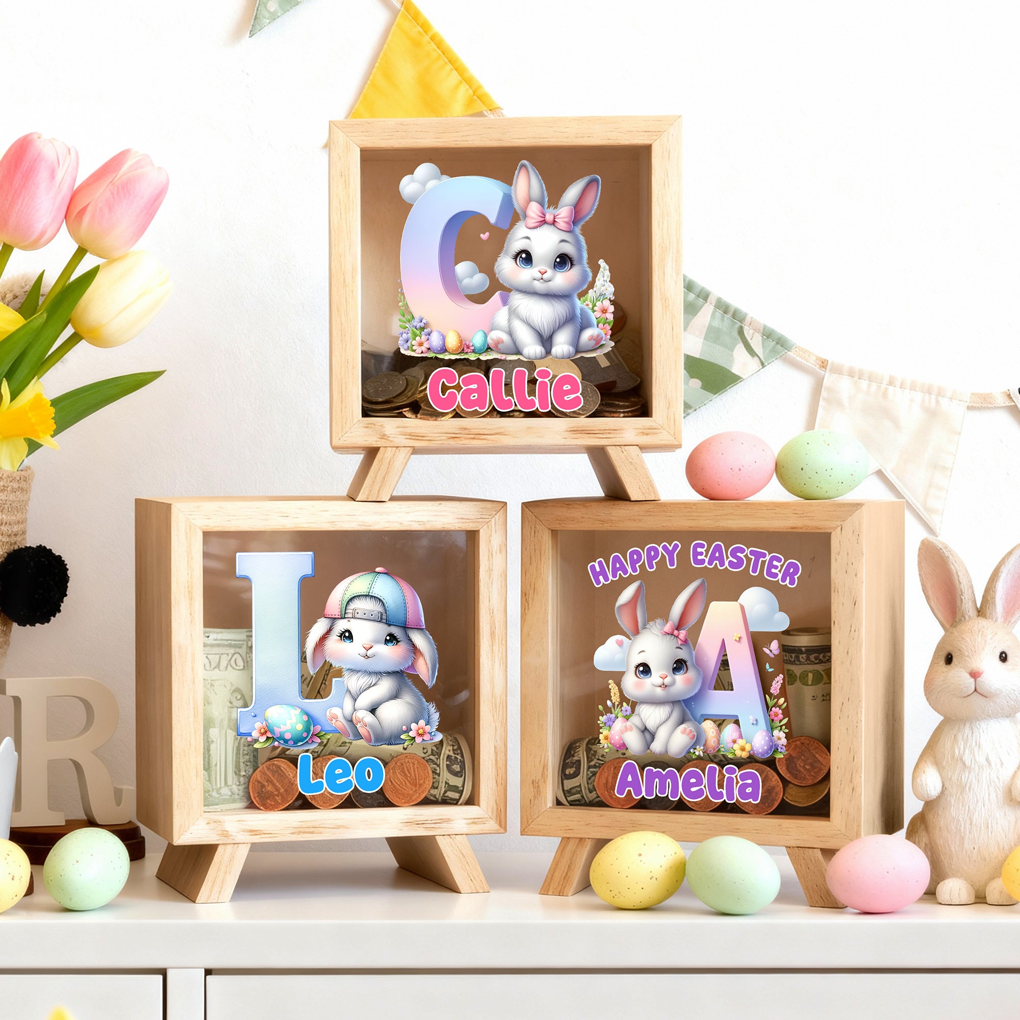 Hucha con ventana transparente personalizada Happy Easter Cute Easter Bunny Hucha con inicial y nombre Room Decor Regalo de Pascua para niños
