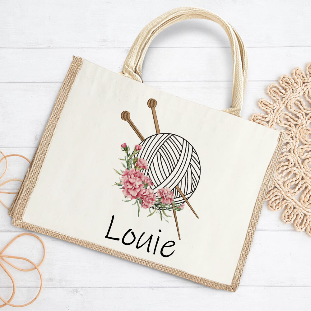 Personalizada Nacimiento Flor Agujas de Tejer Hilo Bolsa de Yute Grande con Nombre Accesorios de Viaje Cumpleaños Vacaciones Regalo para Amantes de Tejer Mujeres
