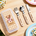 Personalizado multicolor lindo oso de peluche niños cuchillo tenedor cuchara juego de tres piezas con el nombre de comedor diario regalo de cumpleaños para niños pequeños