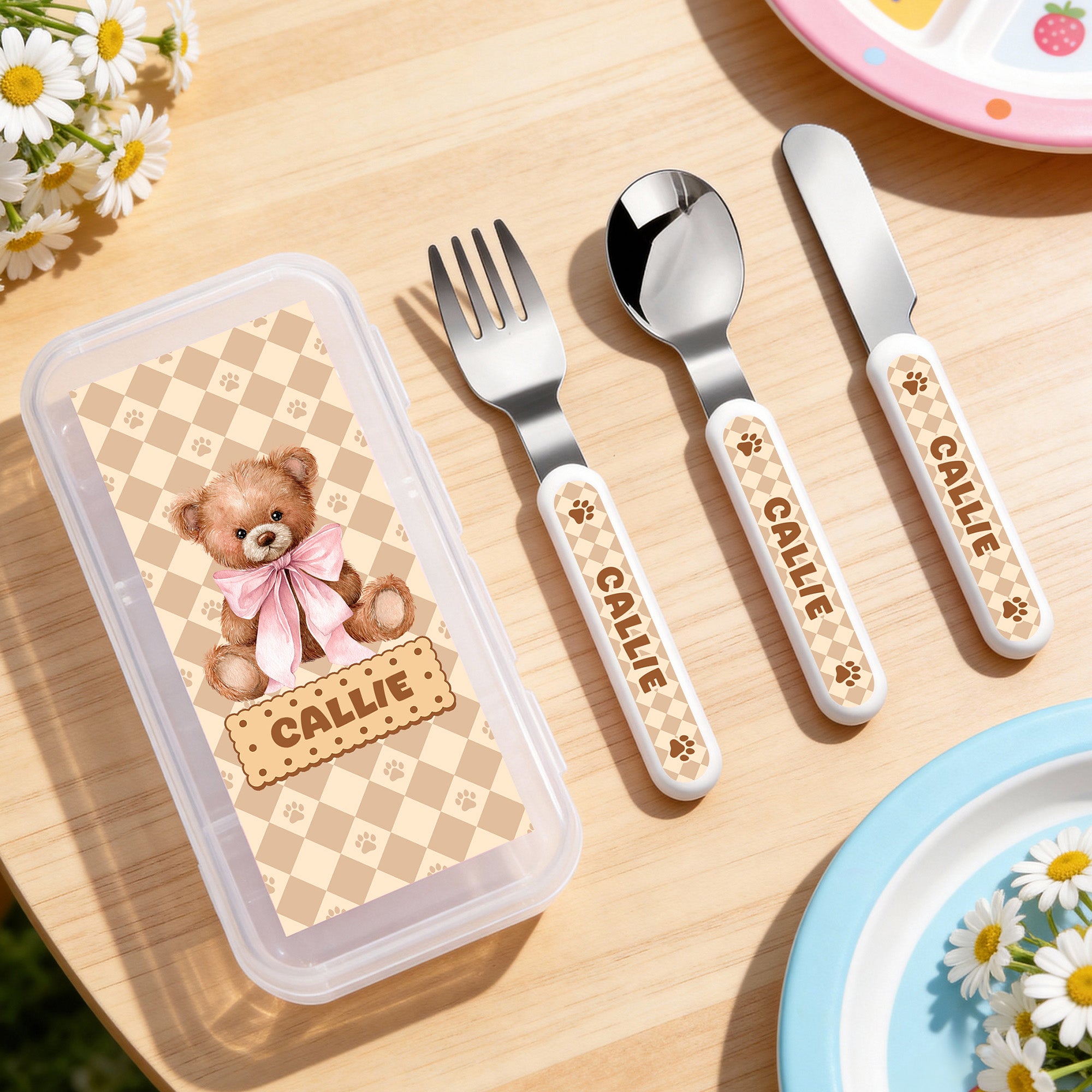 Personalizado multicolor lindo oso de peluche niños cuchillo tenedor cuchara juego de tres piezas con el nombre de comedor diario regalo de cumpleaños para niños pequeños