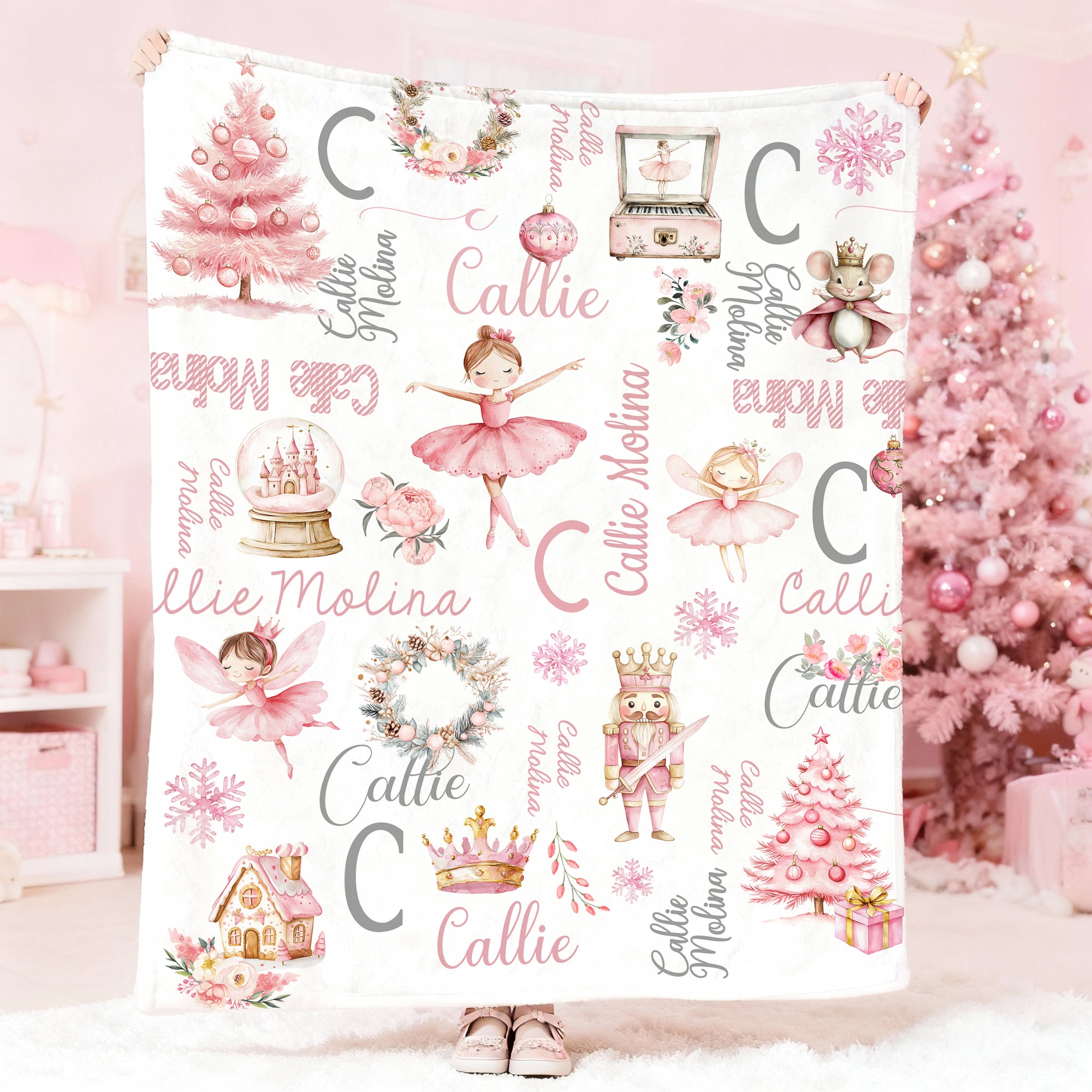 Árbol de Navidad Personalizado Rosa Ballet Niña Manta Suave con Nombre e Inicial Decoración del Hogar Navidad Cumpleaños Baby Shower Regalo para Niña Pequeña