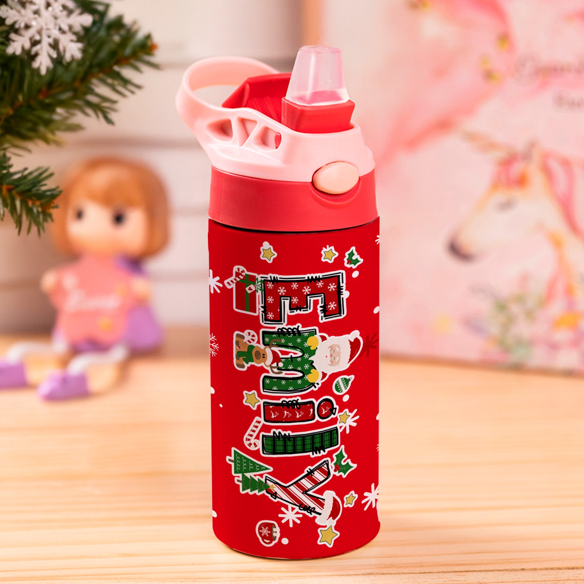 Ciervo Santa Claus personalizado con letras navideñas Botella de agua isotérmica para niños de 12 oz con asa y pajita Regalo de Navidad para niños y niñas