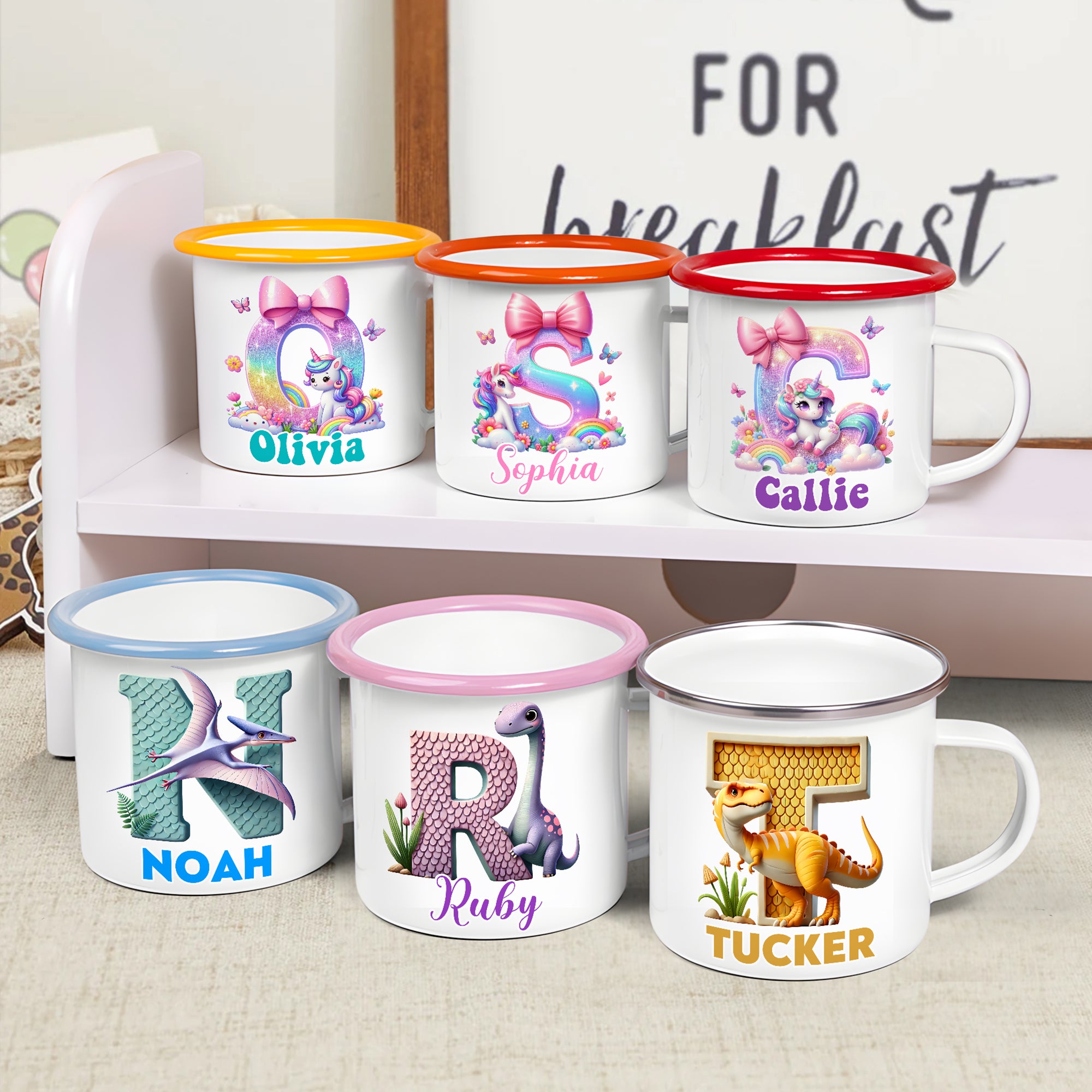 Taza esmaltada multicolor de 12 oz con nombre e inicial Uso diario Cumpleaños Vuelta al cole Regalo para niños