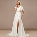 Bridal Wedding Dress Ivory Flutter Sleeve Long V-Neck A-line