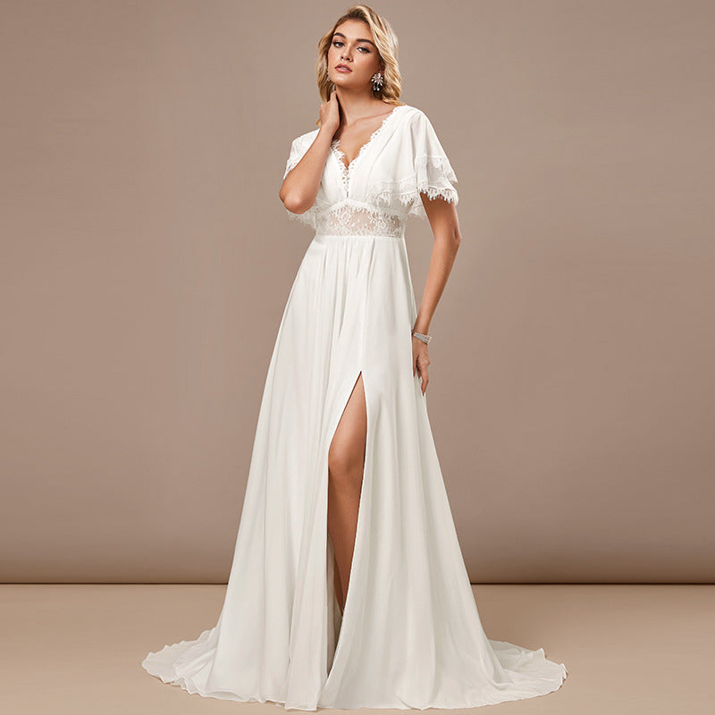 Bridal Wedding Dress Ivory Flutter Sleeve Long V-Neck A-line