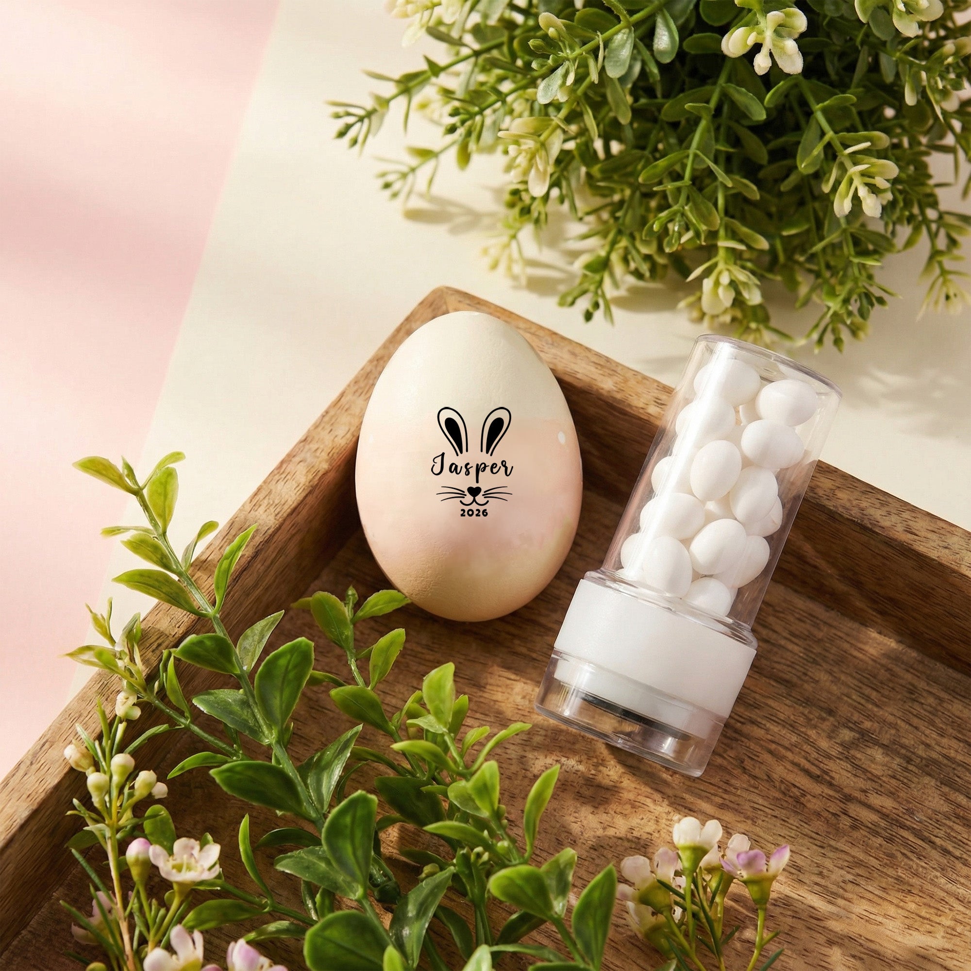 Conejito de Pascua Personalizado Silueta Minimalista Oreja de Conejito Sello Huevo de Pascua con Nombre Pascua Reuniones Familiares Regalo para Niños Pequeños Familias