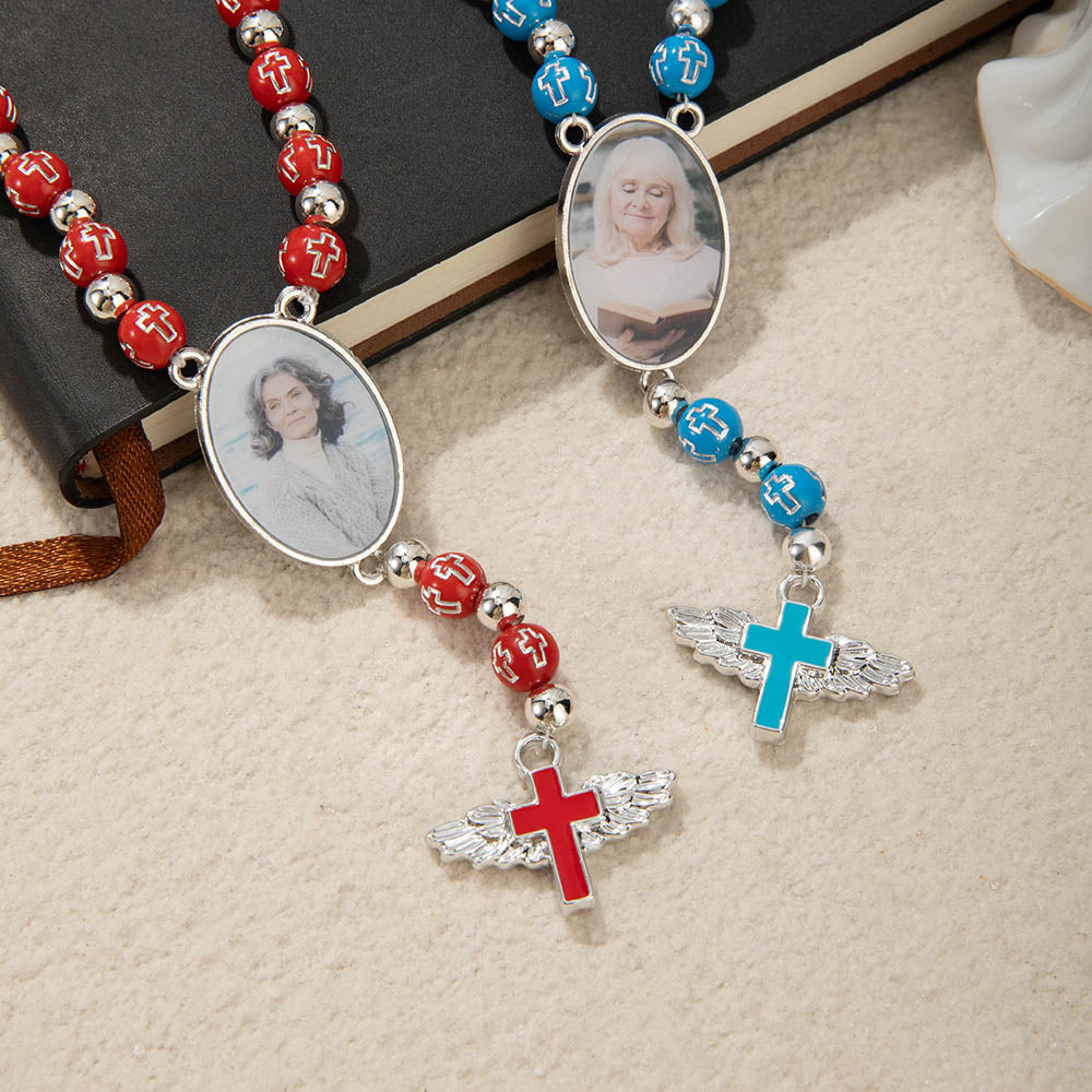 Personalizada Cruz Collar de cuentas con foto Memorial Oración Ceremonia Religiosa Regalo Colgante Alas de Ángel