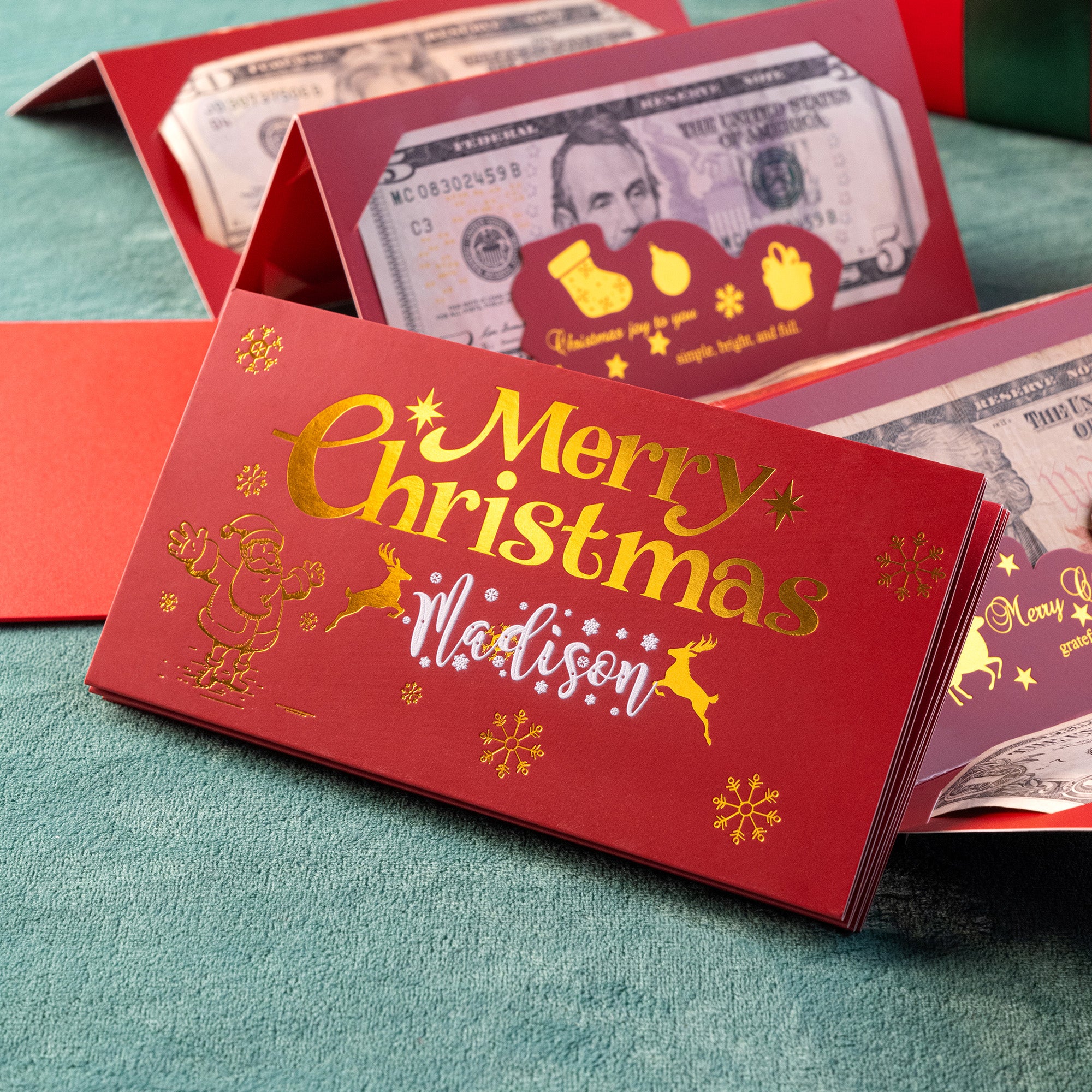 Sobre personalizado de Navidad de Papá Noel Reno con pinza para billetes y nombre Regalo de Navidad para amigos Familia