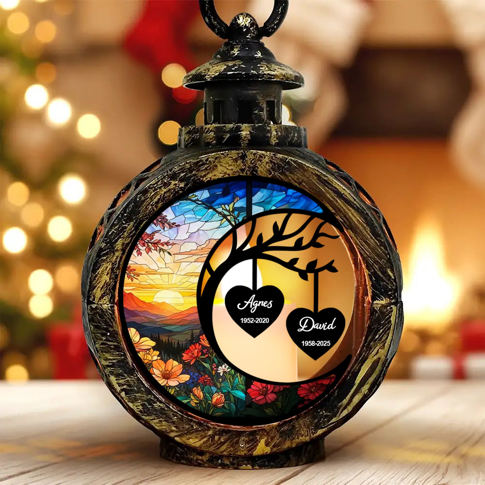 Adorno personalizado de vela sin llama estilo vitral Corazón de luna con 1-3 nombres y años Decoración del hogar Regalo de Navidad para la familia