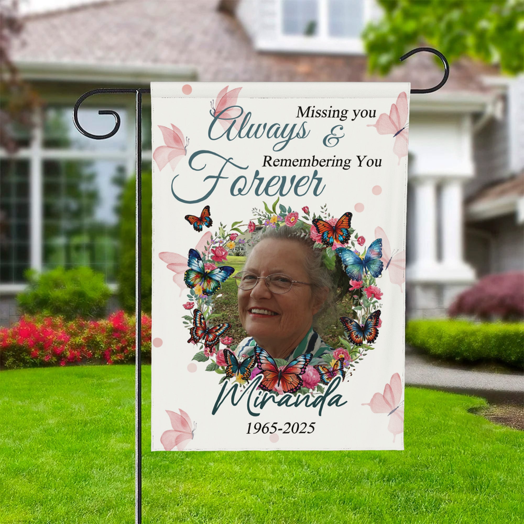 Bandera de jardín personalizada Missing You Always & Remembering You Forever Mariposa con nombre y foto Decoración de cementerio Regalo conmemorativo para la familia