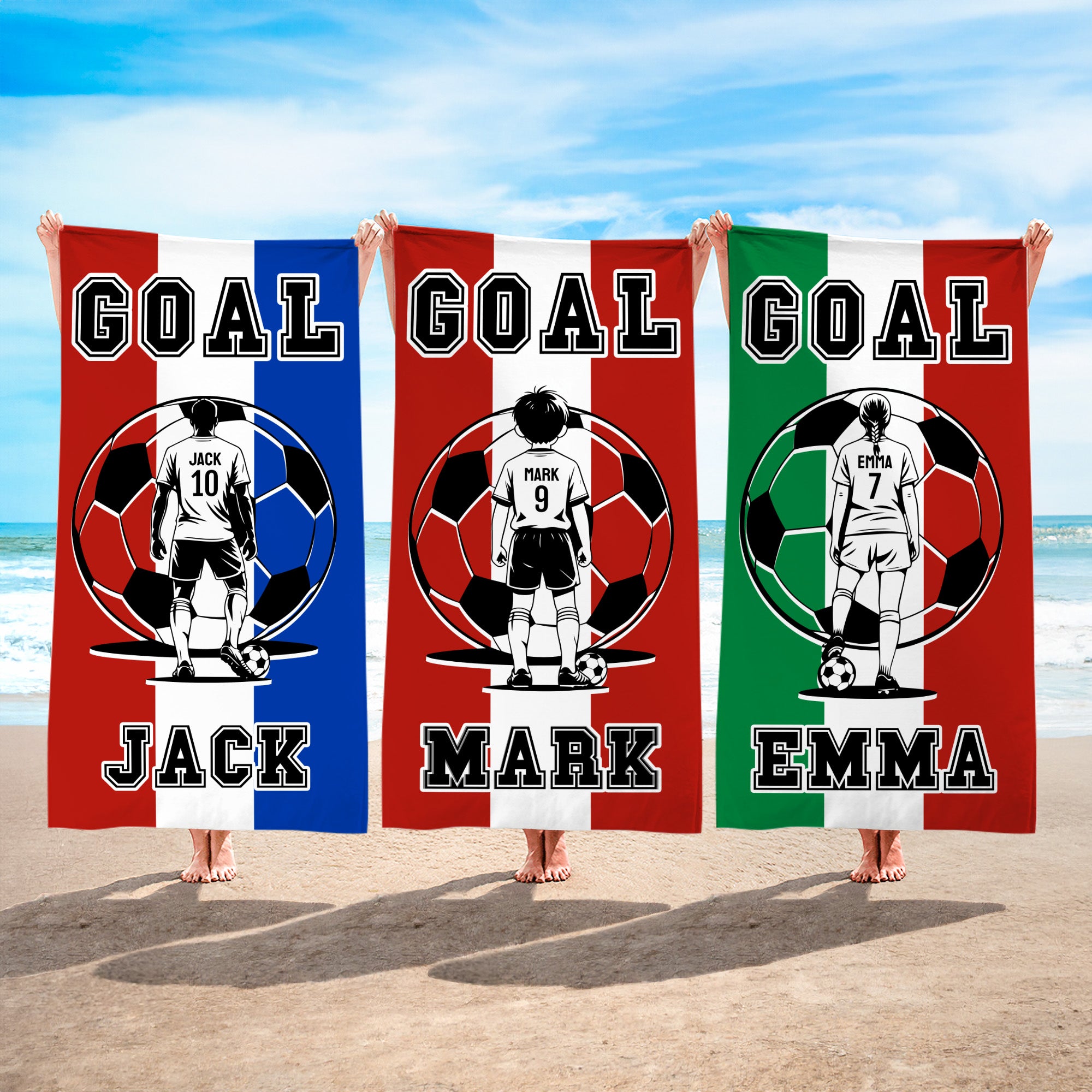 Toalla de playa personalizada con la silueta de un jugador de fútbol a rayas, de secado rápido, suave y de gran tamaño, con el nombre de un futbolista, para regalo de cumpleaños en la piscina.