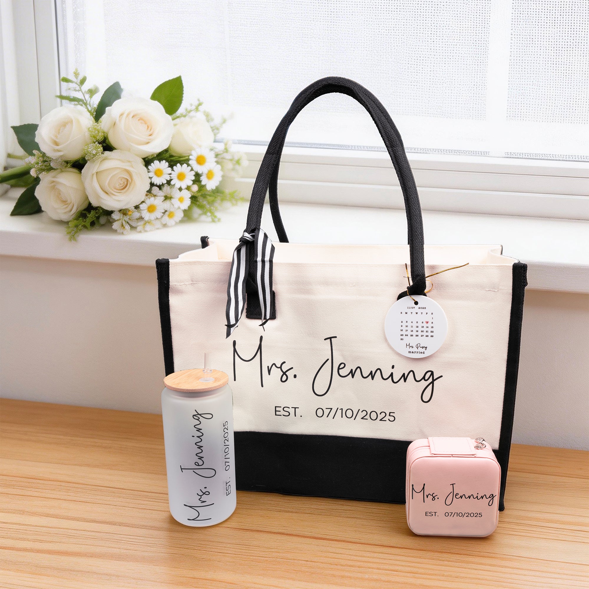 Personalizado Nombre Fecha Diseño Ornamento Bolsa de Regalo Joyero Taza de Cristal Set de Regalo Fiesta de Novia Boda Compromiso Regalo para Novia