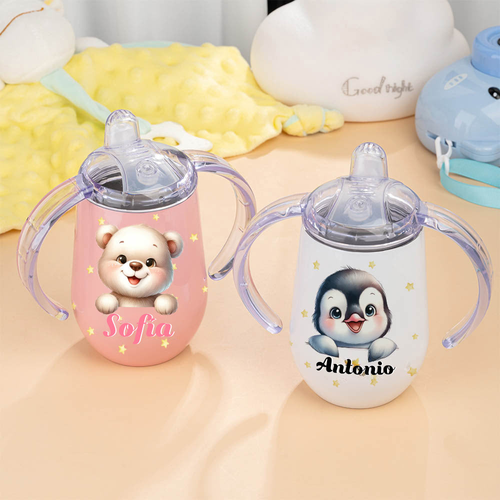Vaso con boquilla personalizado de 295 ml con asa y nombre con diseño de animal de fantasía regalo de cumpleaños o baby shower para niños