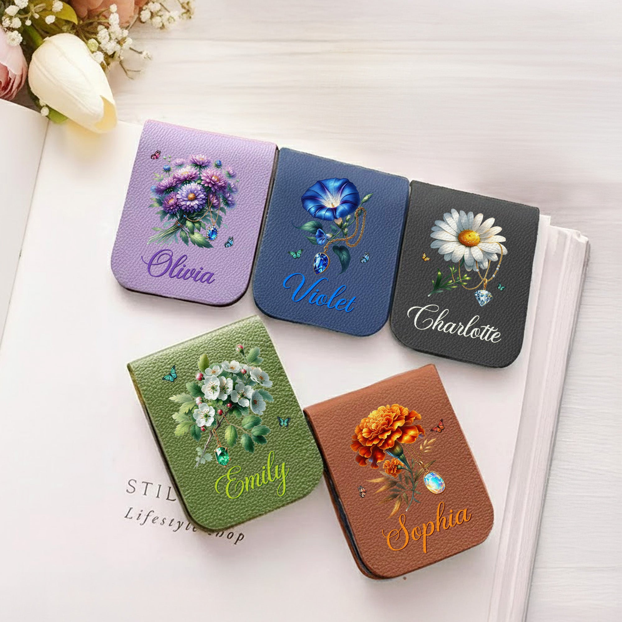 Personalizado Multicolor Retro Birthstone Nacimiento Flor Magnético PU Marcapáginas de cuero con nombre Regalo de cumpleaños para los amantes de los libros Ratones de biblioteca