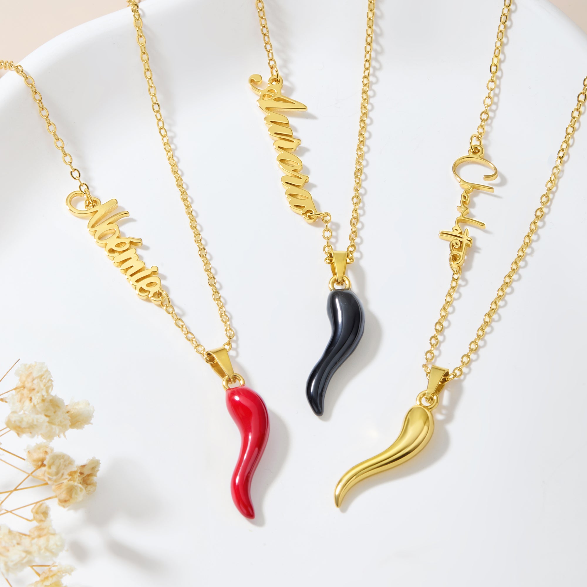 Personalizado italiano Cornicello cuerno de la suerte Chili Pepper Charm Collar con Nombre Dainty Joyería Aniversario Cumpleaños Regalo para las mujeres italianas