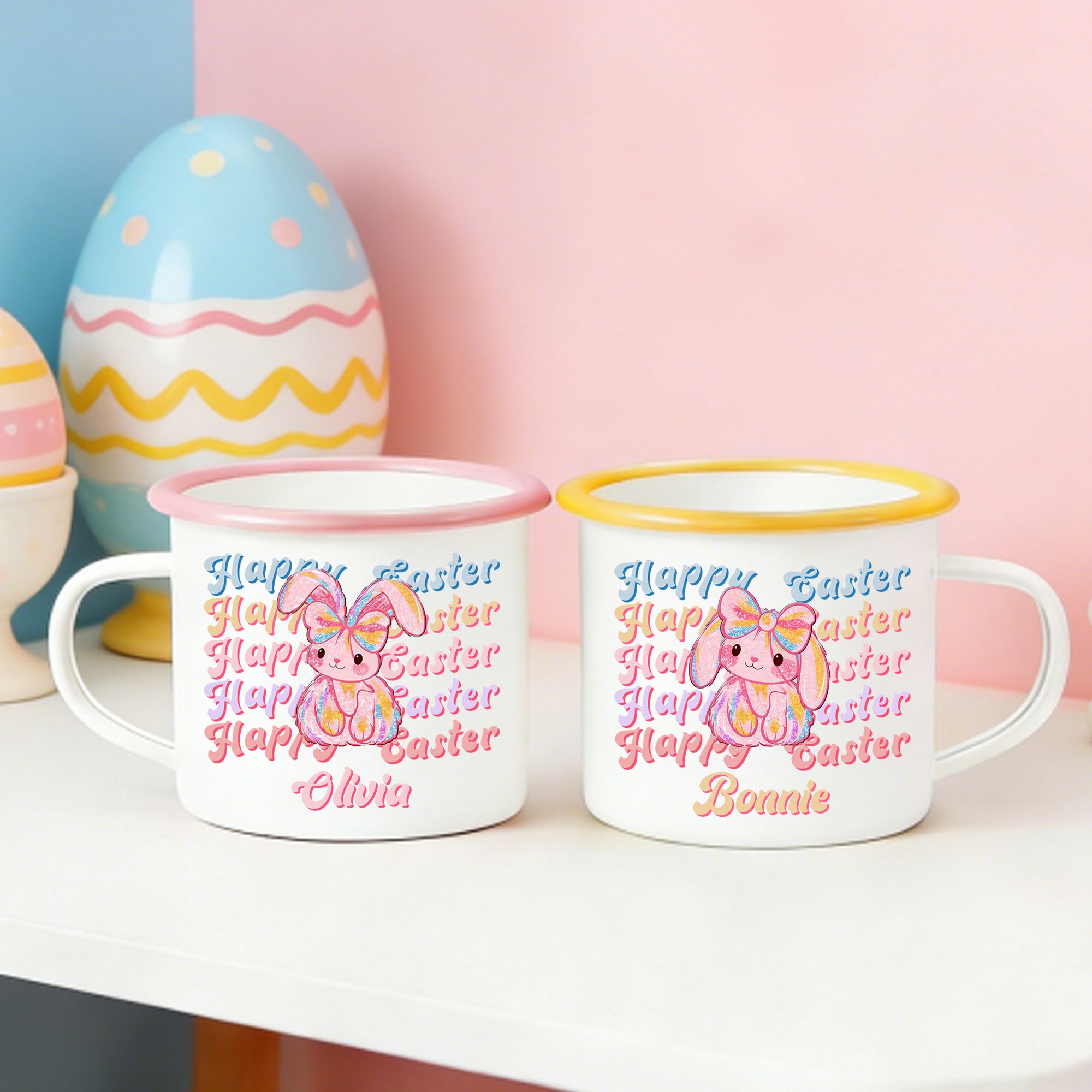 Taza esmaltada personalizada Happy Easter Sequin Y2K Bunny 12 oz con nombre Regalo de Pascua de uso diario para niños