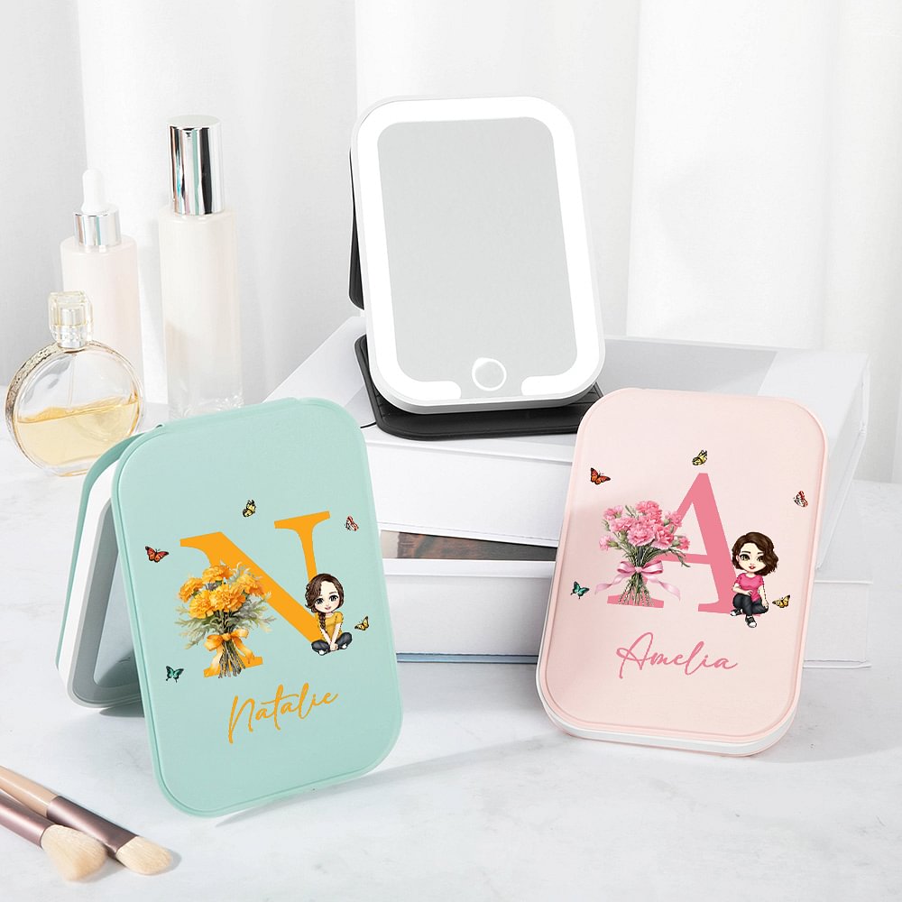 Personalizado Nacimiento Flor Caricatura Personaje LED de tres colores Espejo de maquillaje con nombre Viaje Esencial Aniversario Cumpleaños Regalo para Mujeres Niñas