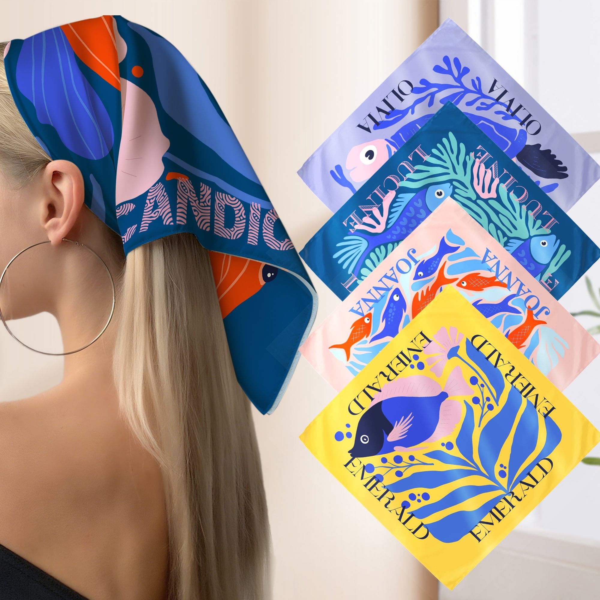 Personalizado Multicolor Océano Arte Ilustración Ballena Medusa Bufanda Cuadrada de Satén con Nombre Viaje Fiesta Accesorio Regalo para Mujeres