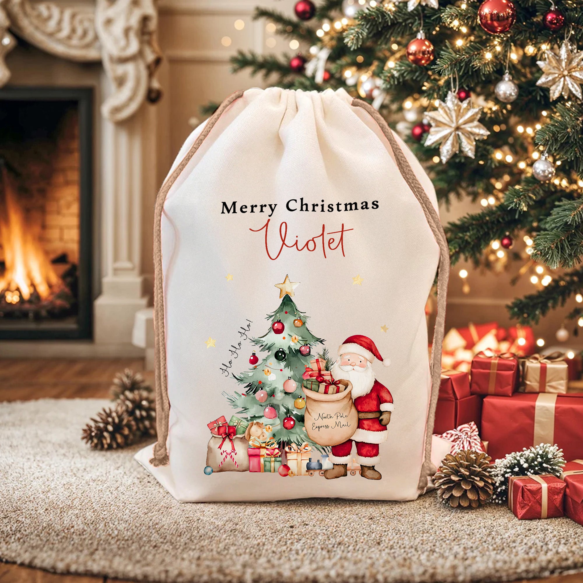 Árbol de Navidad de Papá Noel personalizado Bolsa de regalo grande de lona con cordón con título y nombre Regalo de Navidad para amigos de la familia