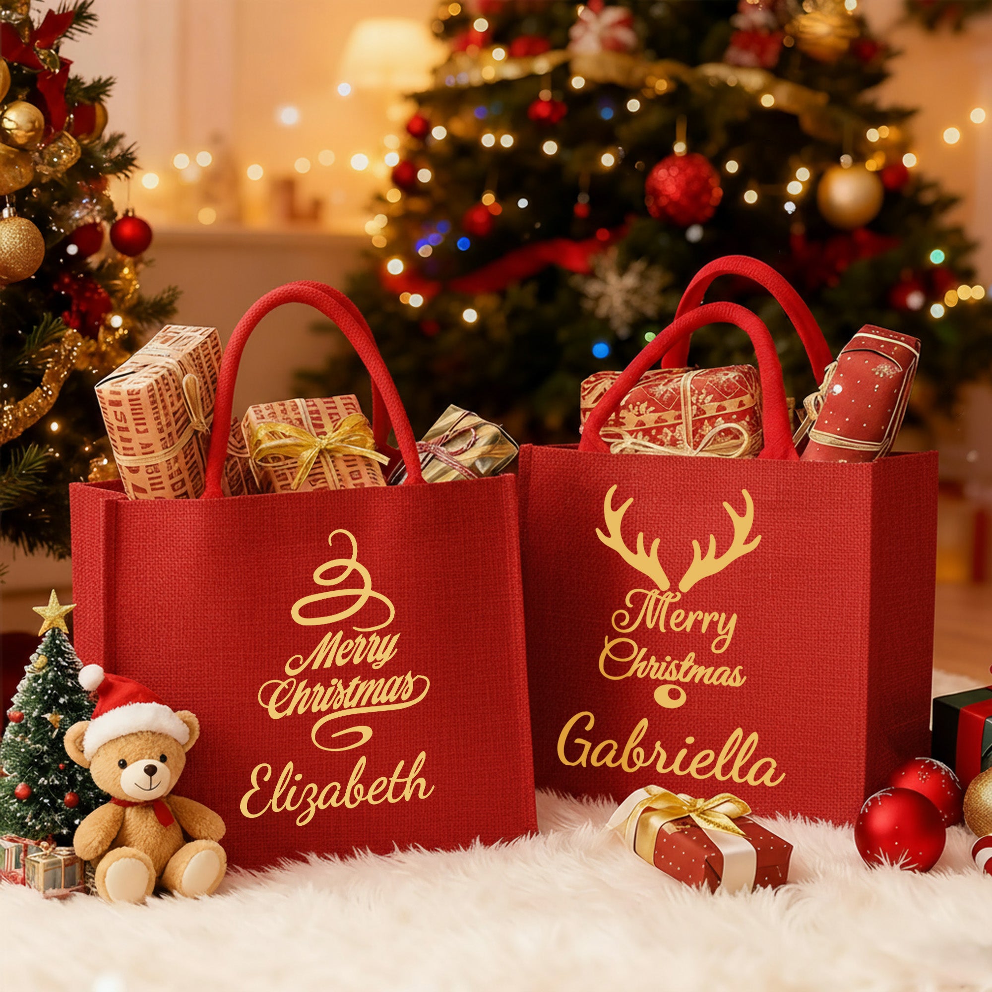 Árbol de Navidad Personalizado Alce Corona de Oro Grande Bolsa de Lino Rojo con Nombre Fiesta de Navidad Favorecer Regalo para Amigos de la Familia